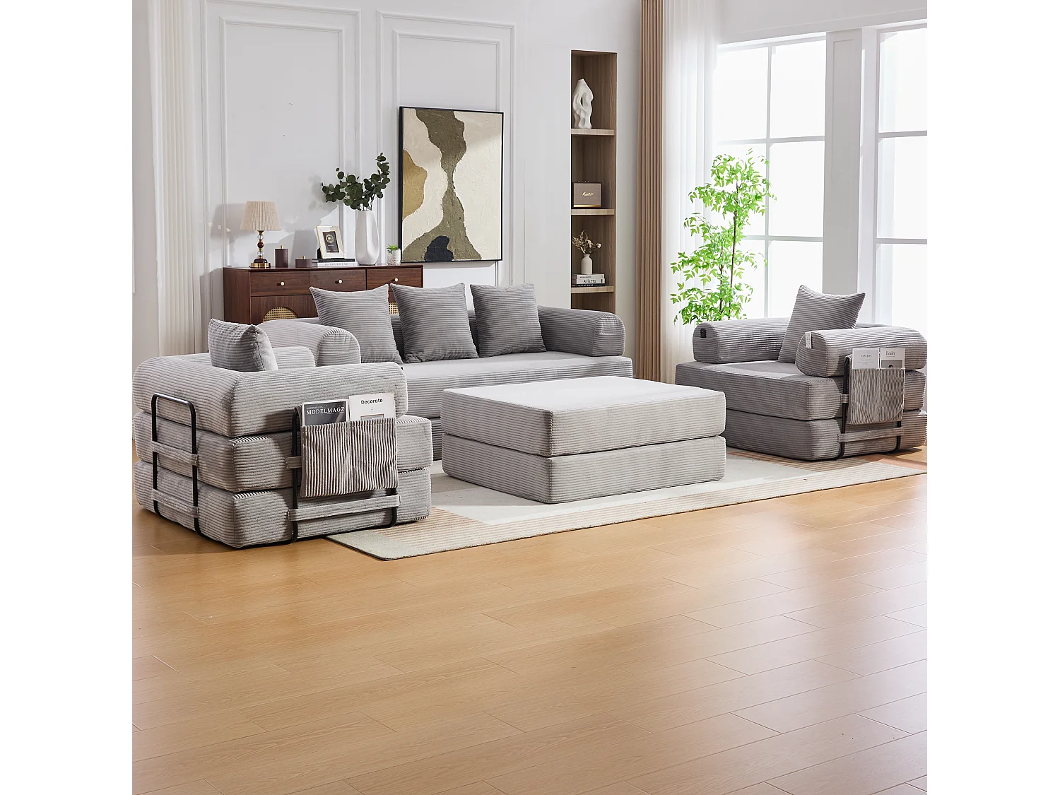 Modulares 4-Sitzer-Sofa-Set – 200 x 190 x 67 cm – mit 4 Kissen + 1 Sessel – Cord – hellgrau