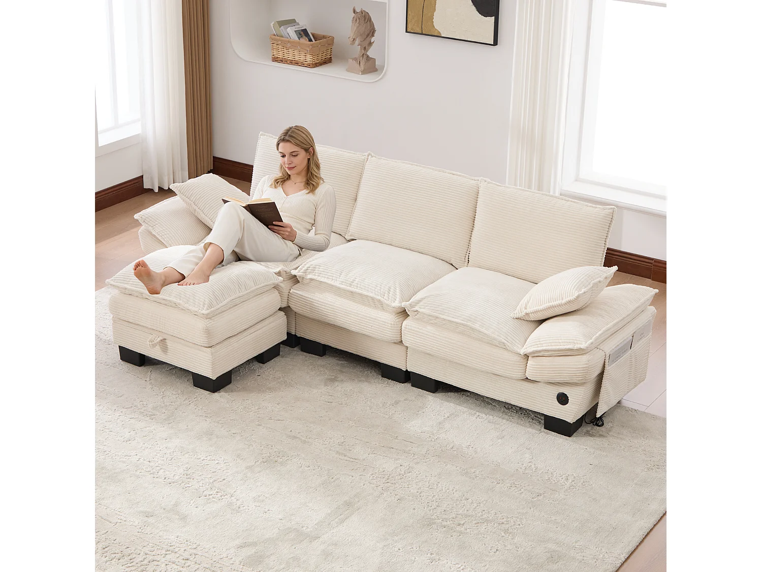 3-Sitzer-Cordsofa-Set – 260 x 132 x 84 cm – mit 1 Aufbewahrungshocker + USB-Anschluss + Taschen – beige