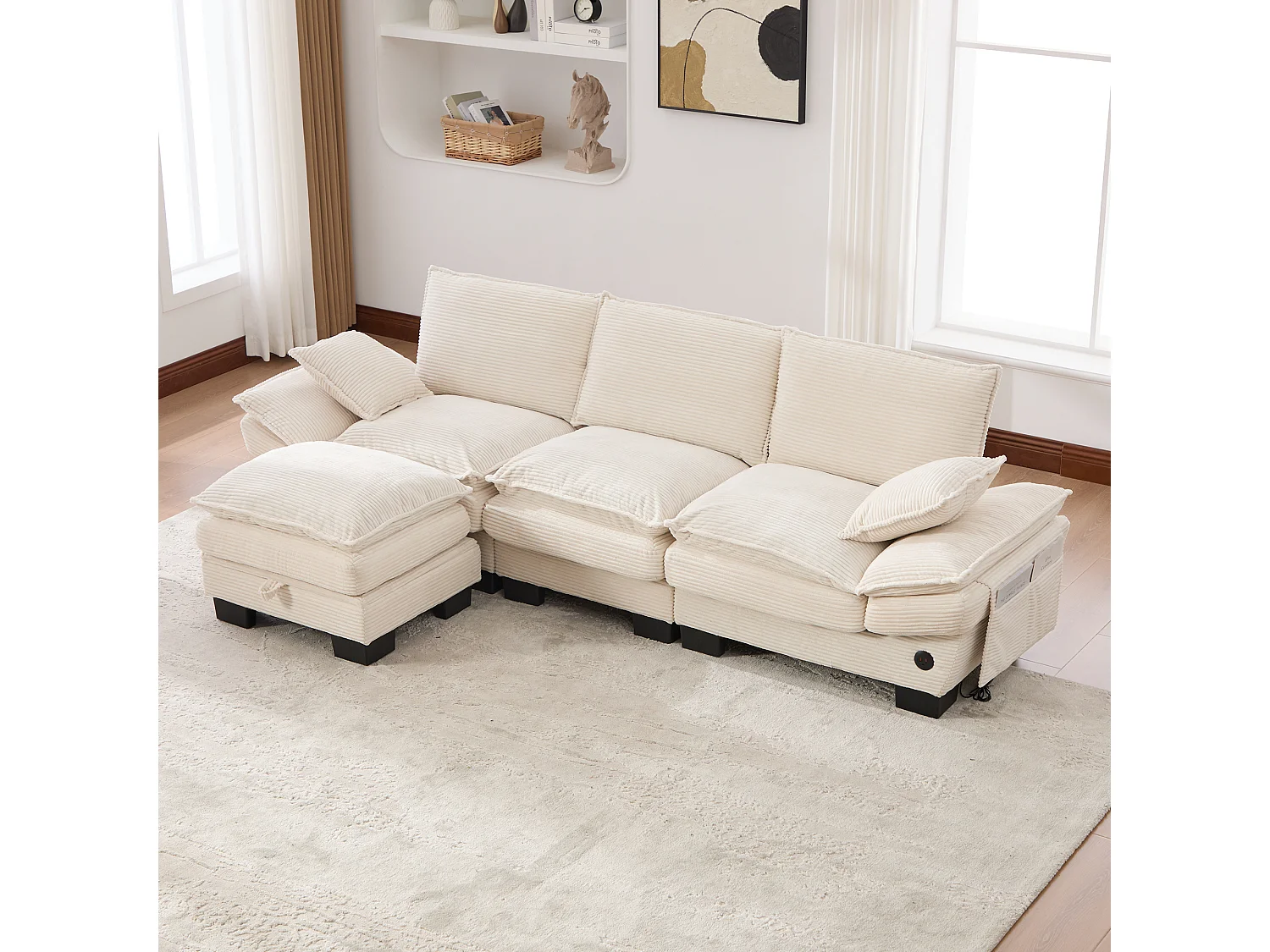 3-Sitzer-Cordsofa-Set – 260 x 132 x 84 cm – mit 1 Aufbewahrungshocker + USB-Anschluss + Taschen – beige