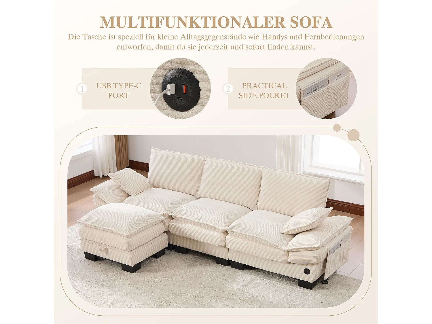 3-Sitzer-Cordsofa-Set – 260 x 132 x 84 cm – mit 1 Aufbewahrungshocker + USB-Anschluss + Taschen – beige