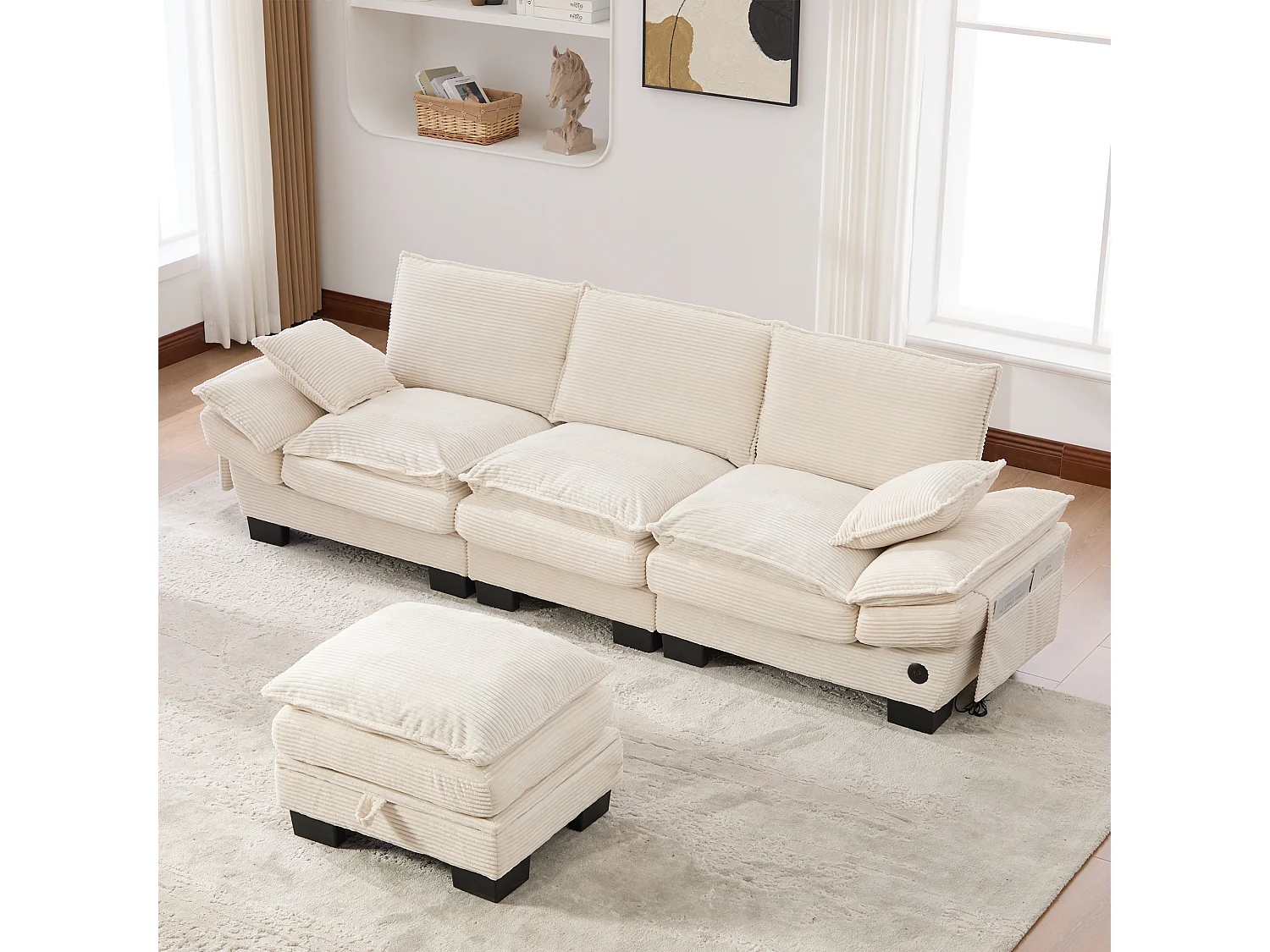 3-Sitzer-Cordsofa-Set – 260 x 132 x 84 cm – mit 1 Aufbewahrungshocker + USB-Anschluss + Taschen – beige