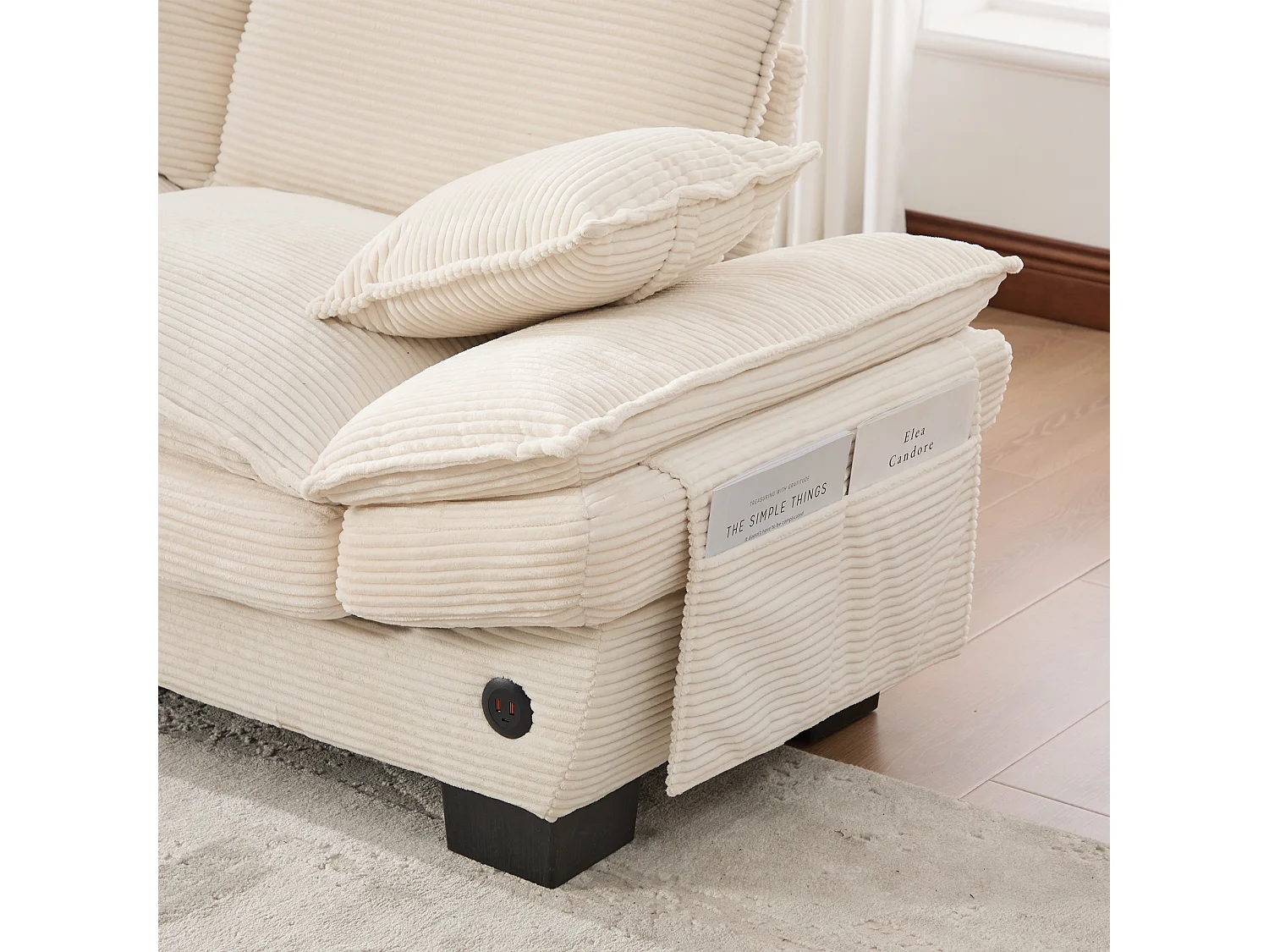 3-Sitzer-Cordsofa-Set – 260 x 132 x 84 cm – mit 1 Aufbewahrungshocker + USB-Anschluss + Taschen – beige