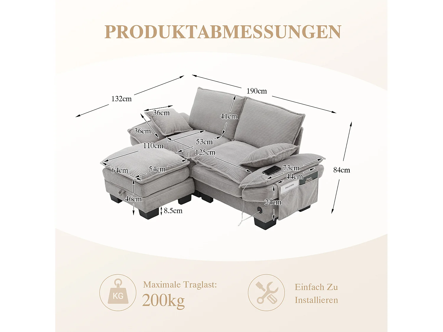 Dwuosobowy zestaw wypoczynkowy z tkaniny sztruksowej - 190 x 132 x 84 cm - z 1 pufem ze schowkiem + portem USB + kieszeniami - jasnoszary