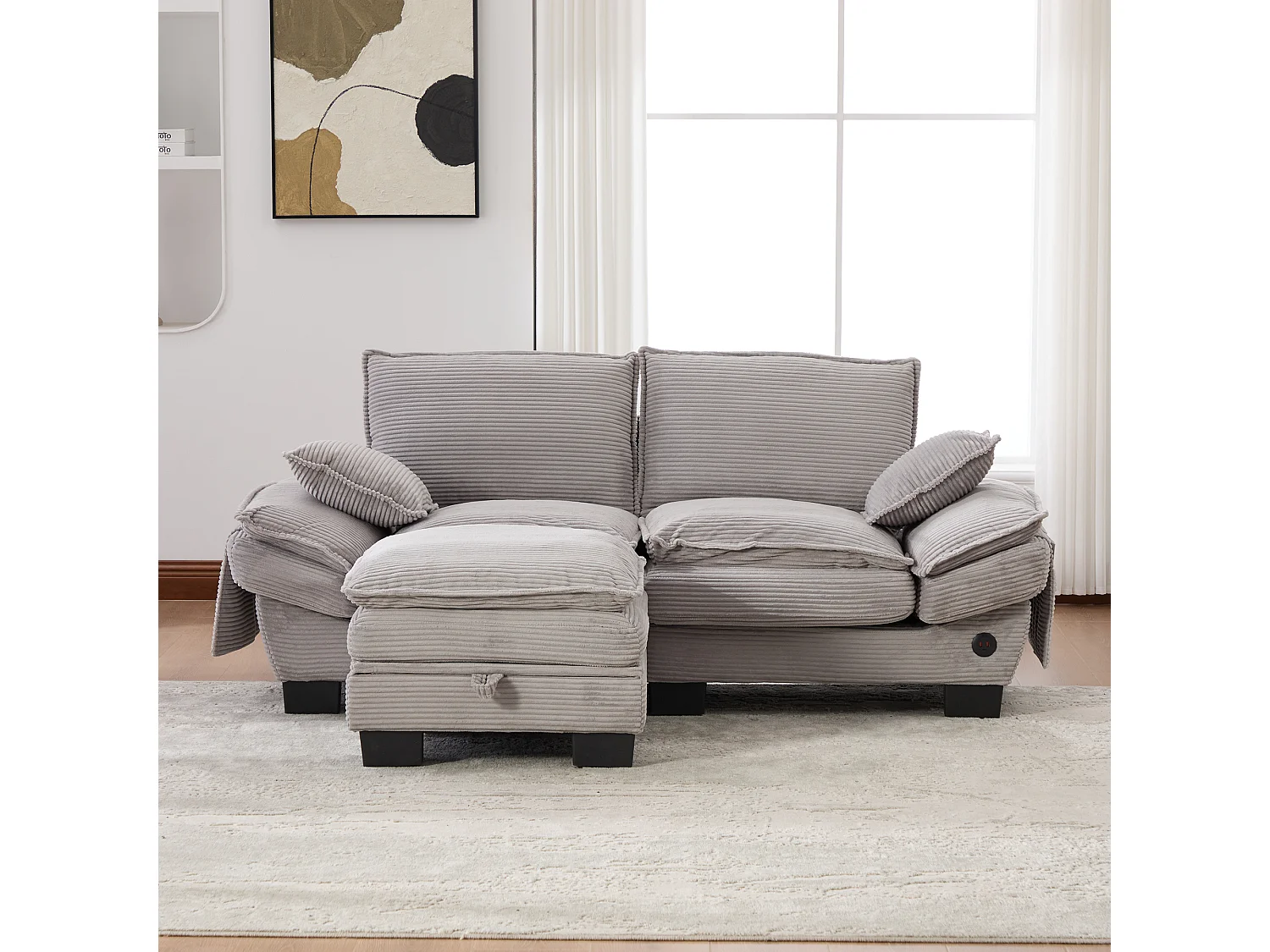 Dwuosobowy zestaw wypoczynkowy z tkaniny sztruksowej - 190 x 132 x 84 cm - z 1 pufem ze schowkiem + portem USB + kieszeniami - jasnoszary