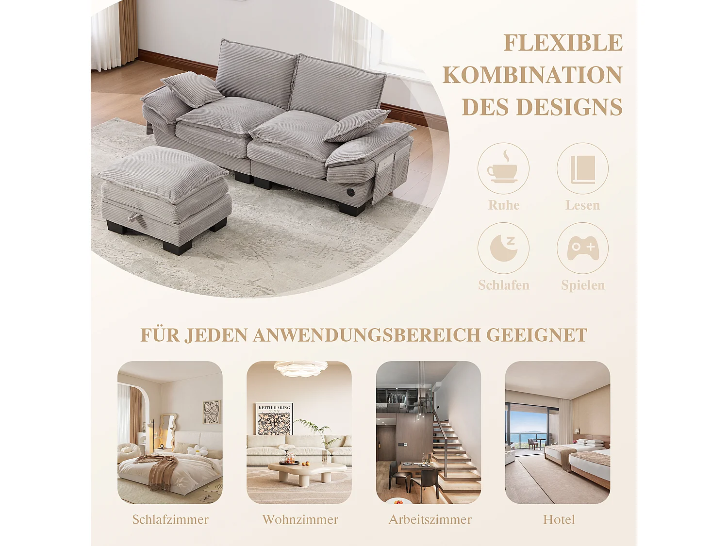 Dwuosobowy zestaw wypoczynkowy z tkaniny sztruksowej - 190 x 132 x 84 cm - z 1 pufem ze schowkiem + portem USB + kieszeniami - jasnoszary