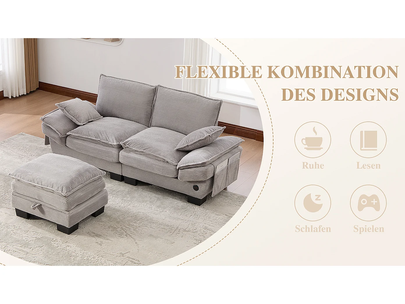 Dwuosobowy zestaw wypoczynkowy z tkaniny sztruksowej - 190 x 132 x 84 cm - z 1 pufem ze schowkiem + portem USB + kieszeniami - jasnoszary