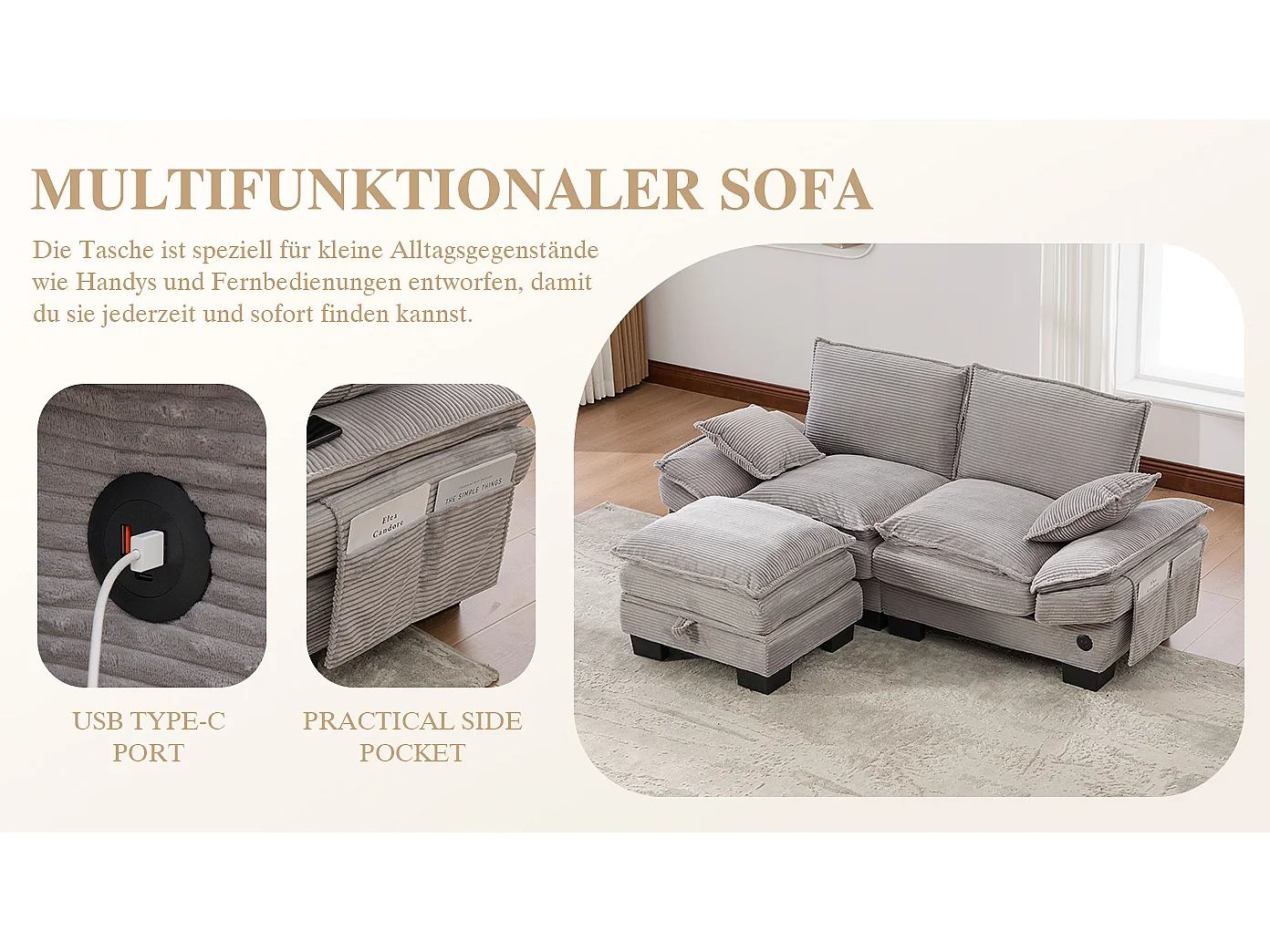 Dwuosobowy zestaw wypoczynkowy z tkaniny sztruksowej - 190 x 132 x 84 cm - z 1 pufem ze schowkiem + portem USB + kieszeniami - jasnoszary