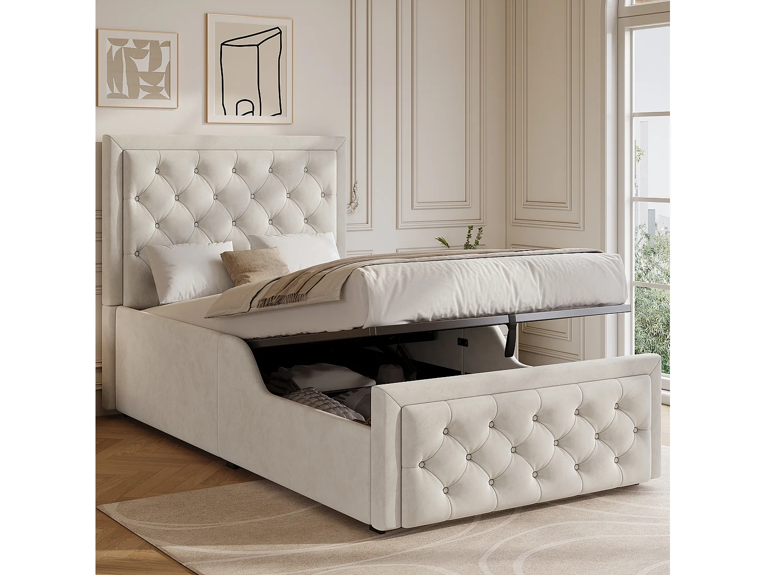 Lit coffre rembourré pour enfant - 90 x 200 cm - avec rangement hydraulique + tête de lit - velours - beige