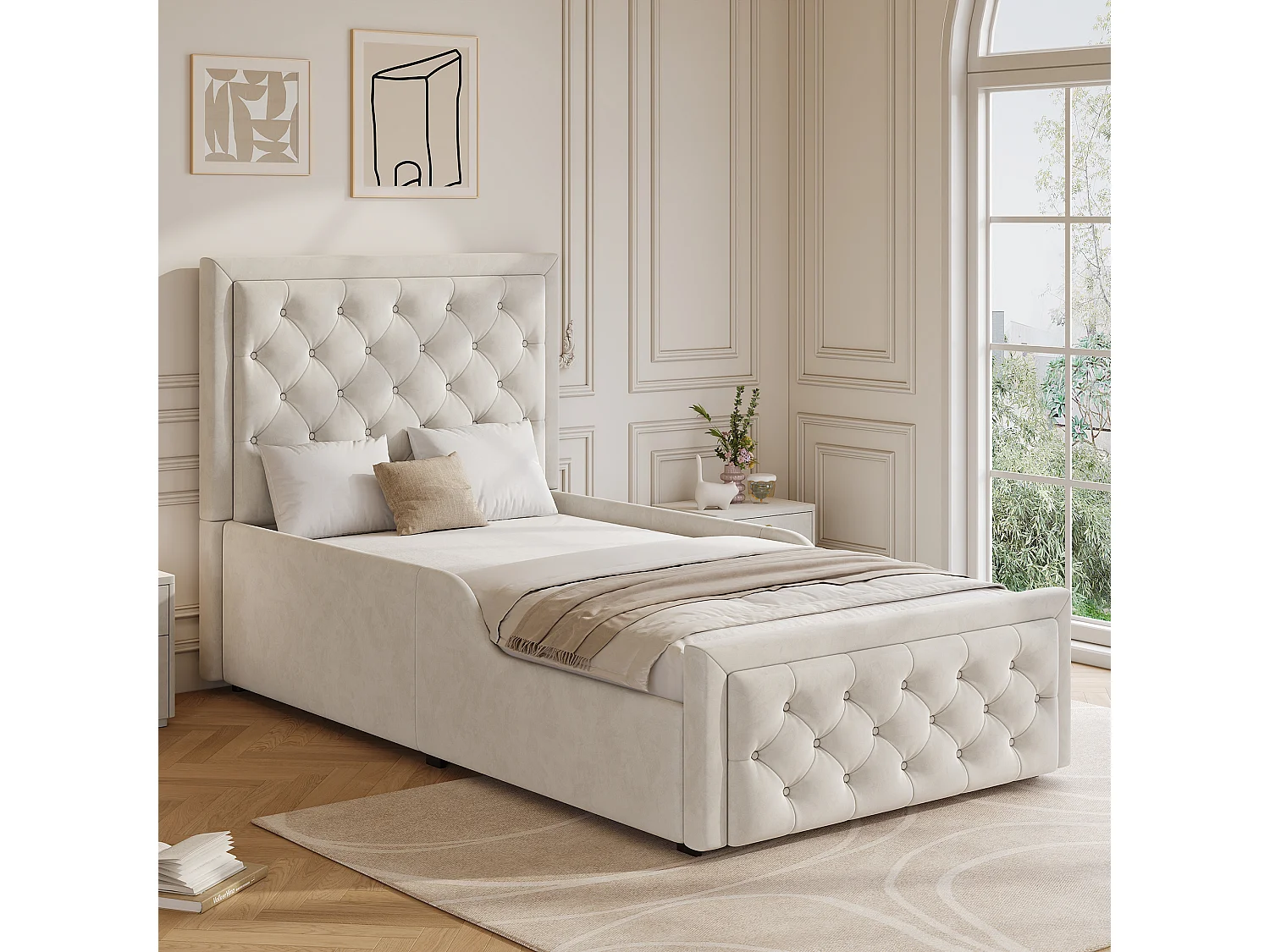 Lit coffre rembourré pour enfant - 90 x 200 cm - avec rangement hydraulique + tête de lit - velours - beige