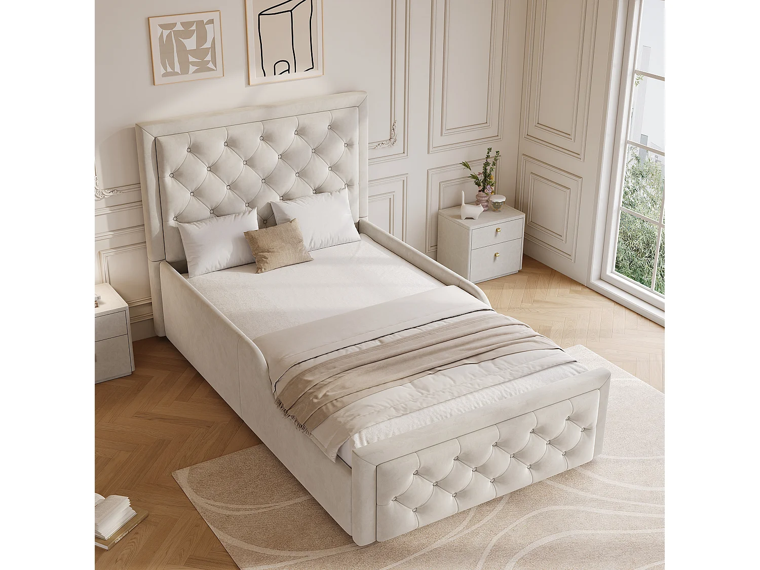 Lit coffre rembourré pour enfant - 90 x 200 cm - avec rangement hydraulique + tête de lit - velours - beige