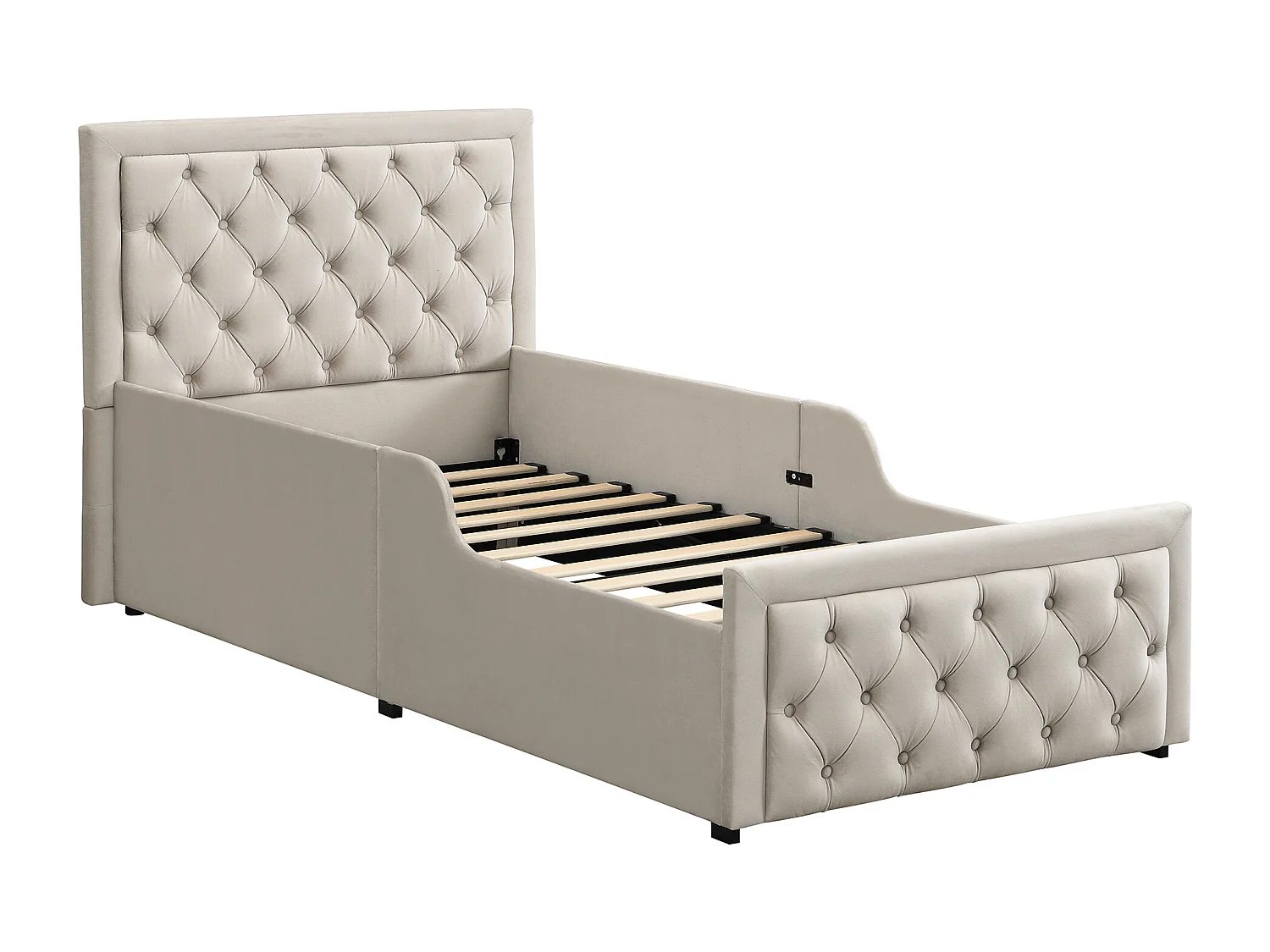 Lit coffre rembourré pour enfant - 90 x 200 cm - avec rangement hydraulique + tête de lit - velours - beige