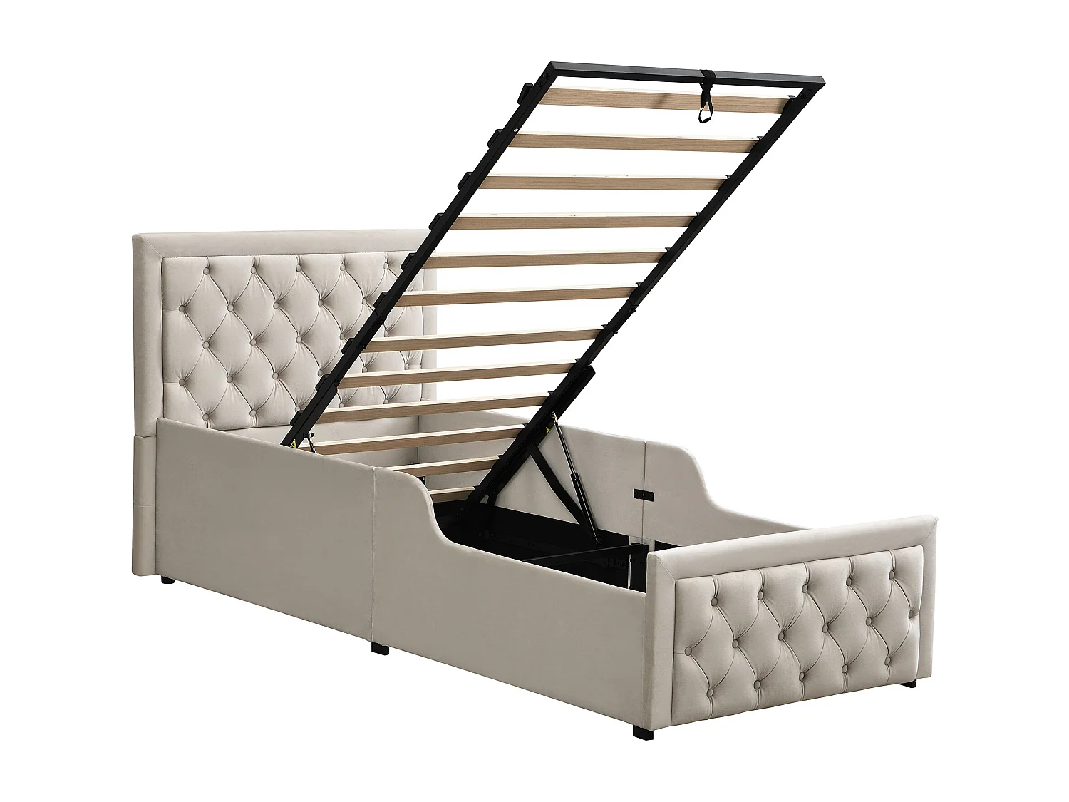 Lit coffre rembourré pour enfant - 90 x 200 cm - avec rangement hydraulique + tête de lit - velours - beige
