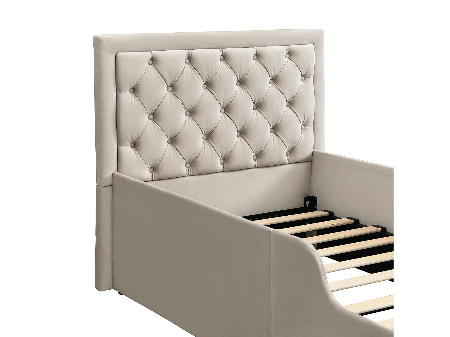 Lit coffre rembourré pour enfant - 90 x 200 cm - avec rangement hydraulique + tête de lit - velours - beige