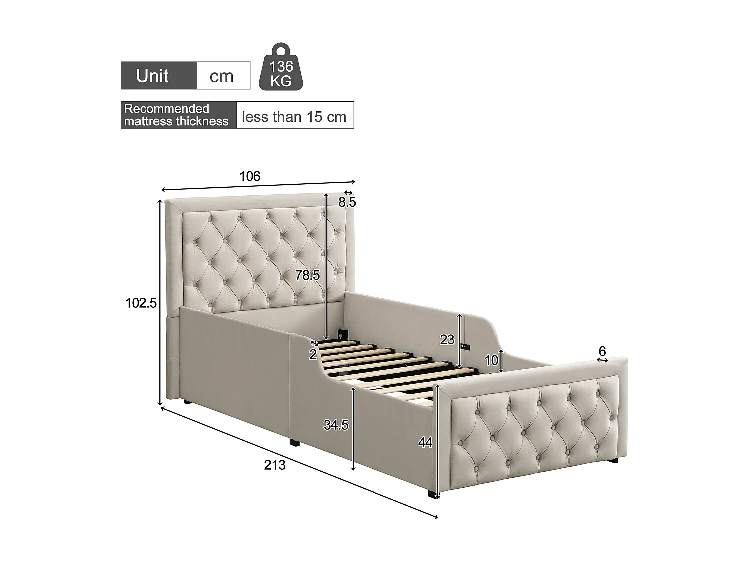 Lit coffre rembourré pour enfant - 90 x 200 cm - avec rangement hydraulique + tête de lit - velours - beige