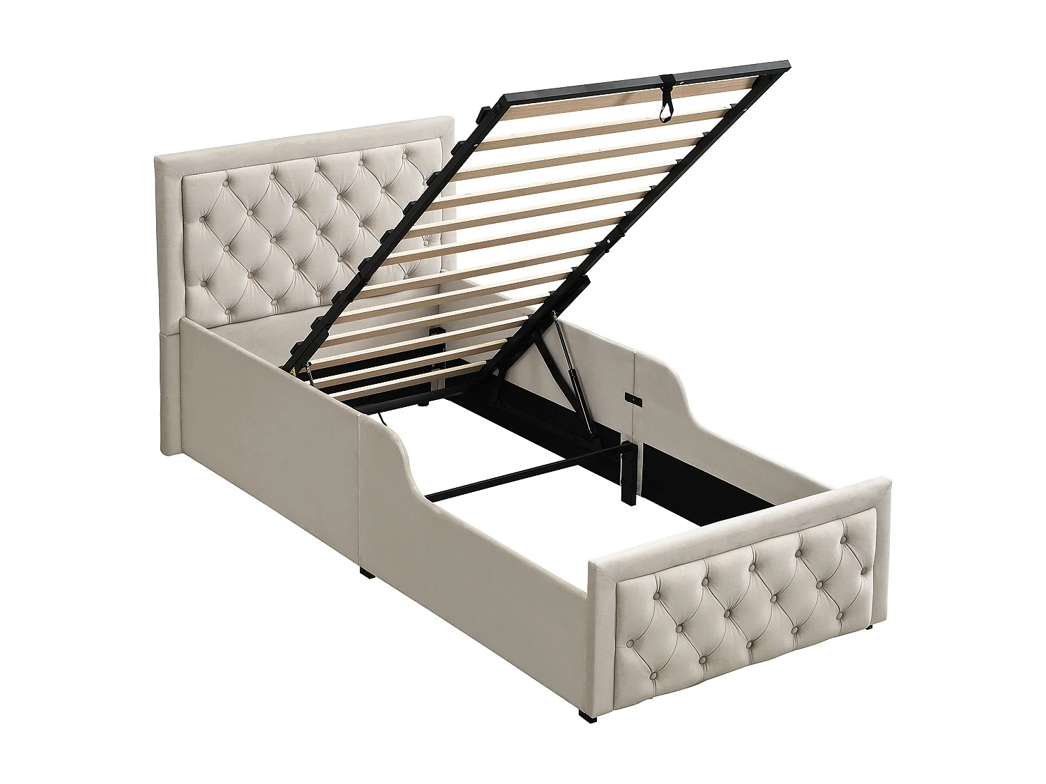 Lit coffre rembourré pour enfant - 90 x 200 cm - avec rangement hydraulique + tête de lit - velours - beige