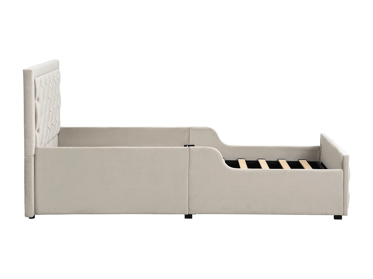 Lit coffre rembourré pour enfant - 90 x 200 cm - avec rangement hydraulique + tête de lit - velours - beige