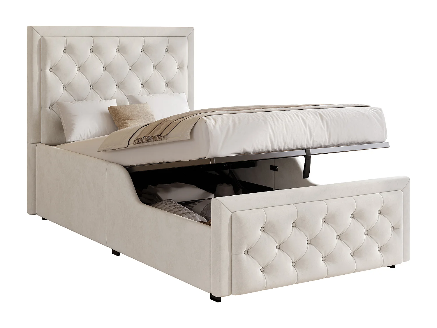 Lit coffre rembourré pour enfant - 90 x 200 cm - avec rangement hydraulique + tête de lit - velours - beige