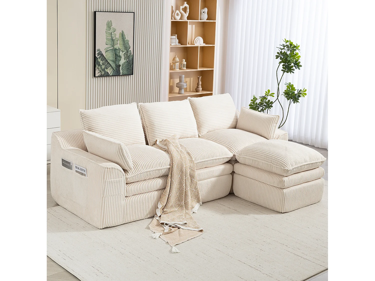 Modulares 3-Sitzer-Sofa-Set aus Cord – 263 x 167 x 85 cm – mit 1 Hocker + Kissen + 2 Taschen – beige