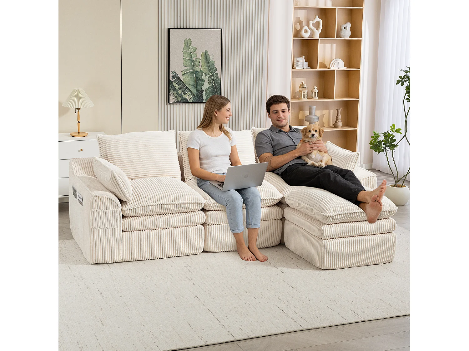 Modulares 3-Sitzer-Sofa-Set aus Cord – 263 x 167 x 85 cm – mit 1 Hocker + Kissen + 2 Taschen – beige
