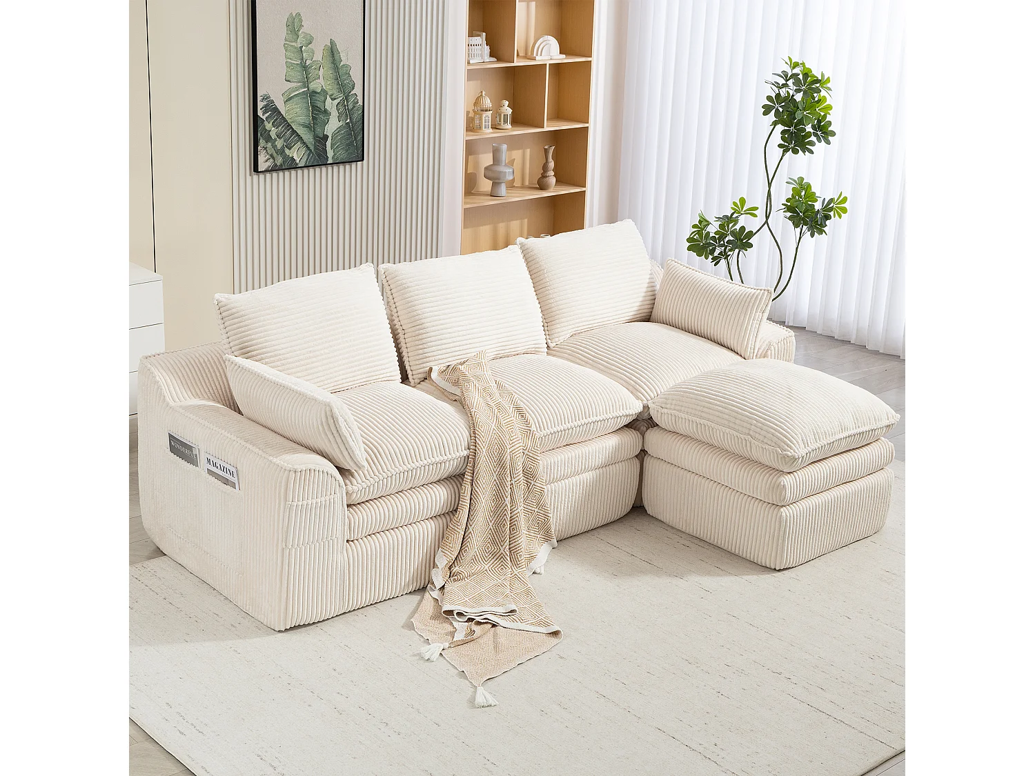 Modulares 3-Sitzer-Sofa-Set aus Cord – 263 x 167 x 85 cm – mit 1 Hocker + Kissen + 2 Taschen – beige