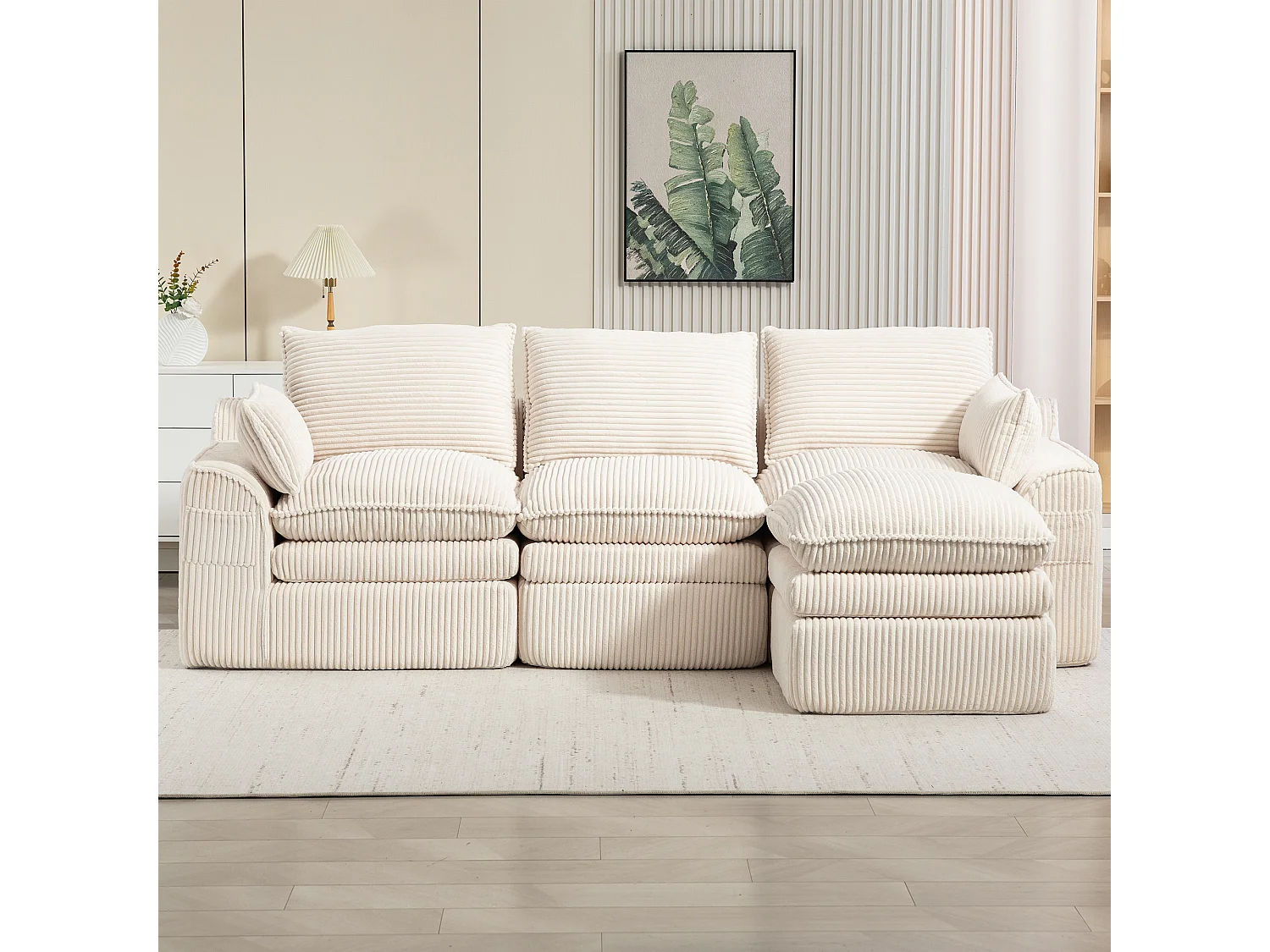 Modulares 3-Sitzer-Sofa-Set aus Cord – 263 x 167 x 85 cm – mit 1 Hocker + Kissen + 2 Taschen – beige