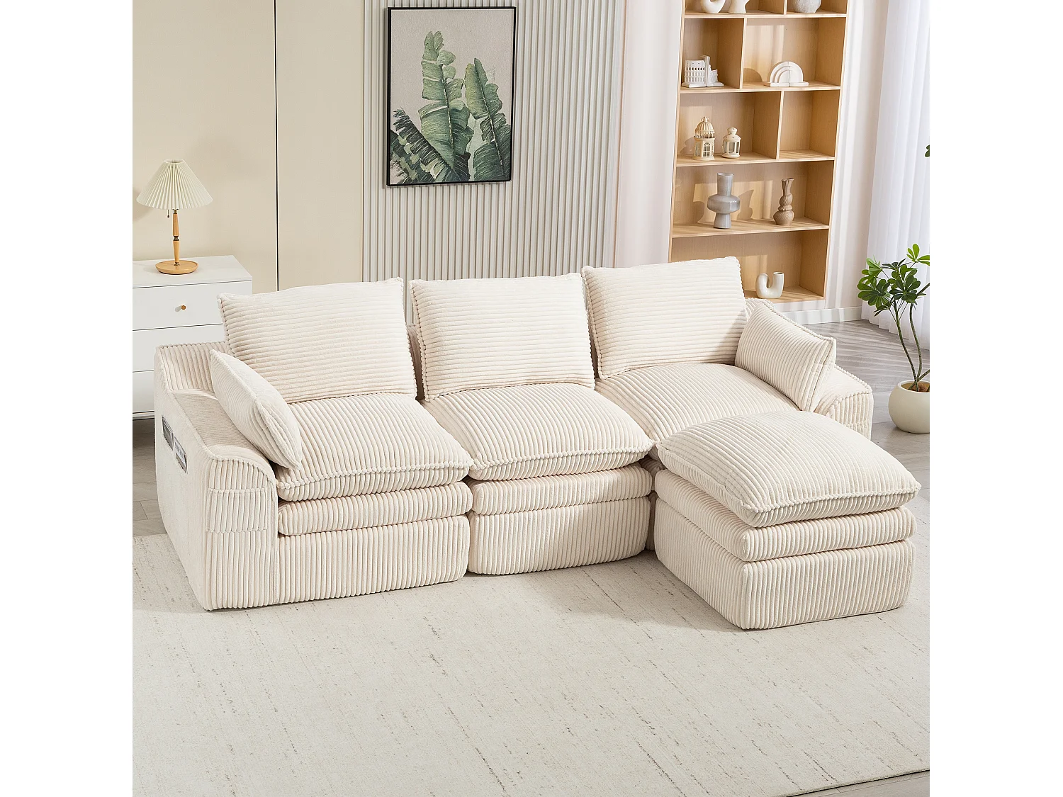 Modulares 3-Sitzer-Sofa-Set aus Cord – 263 x 167 x 85 cm – mit 1 Hocker + Kissen + 2 Taschen – beige