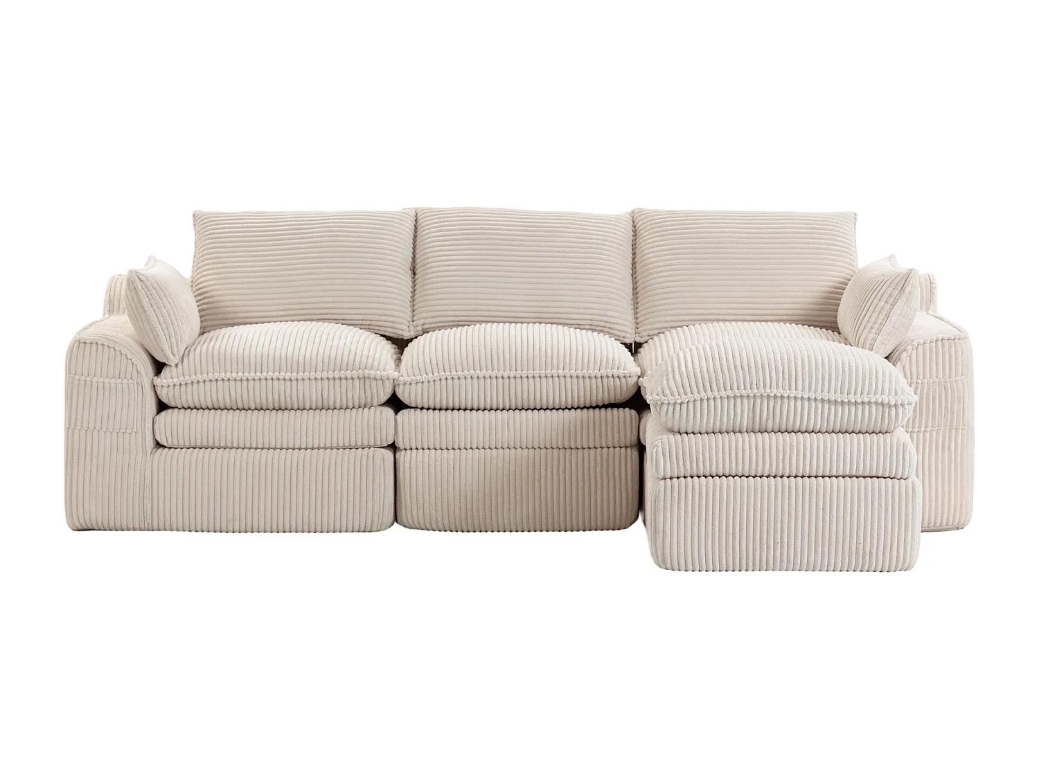 Modulares 3-Sitzer-Sofa-Set aus Cord – 263 x 167 x 85 cm – mit 1 Hocker + Kissen + 2 Taschen – beige