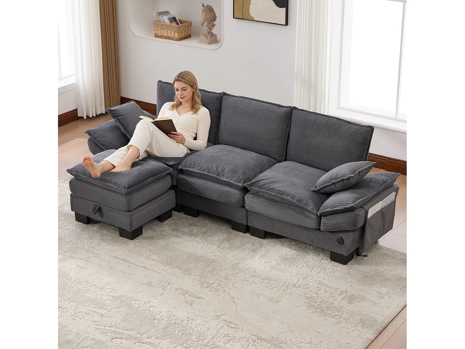 Zestaw wypoczynkowy z tkaniny sztruksowej 3-osobowy - 260 x 132 x 84 cm - z 1 pufem ze schowkiem + portem USB + kieszeniami - ciemnoszary