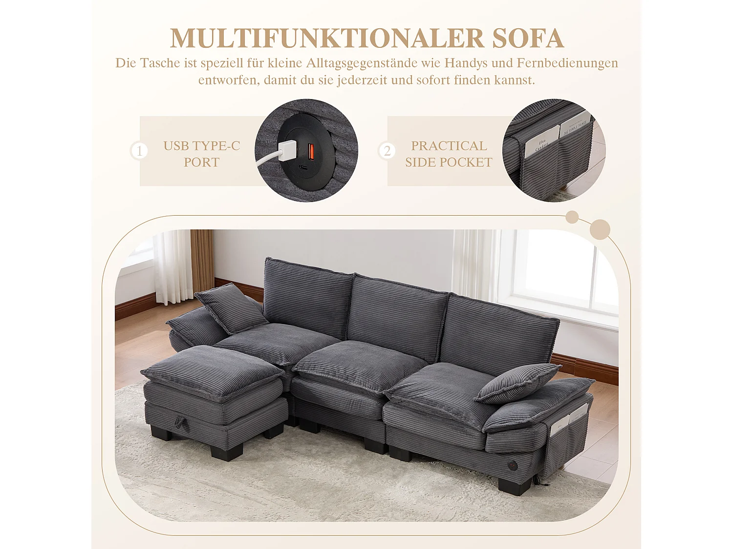 Zestaw wypoczynkowy z tkaniny sztruksowej 3-osobowy - 260 x 132 x 84 cm - z 1 pufem ze schowkiem + portem USB + kieszeniami - ciemnoszary