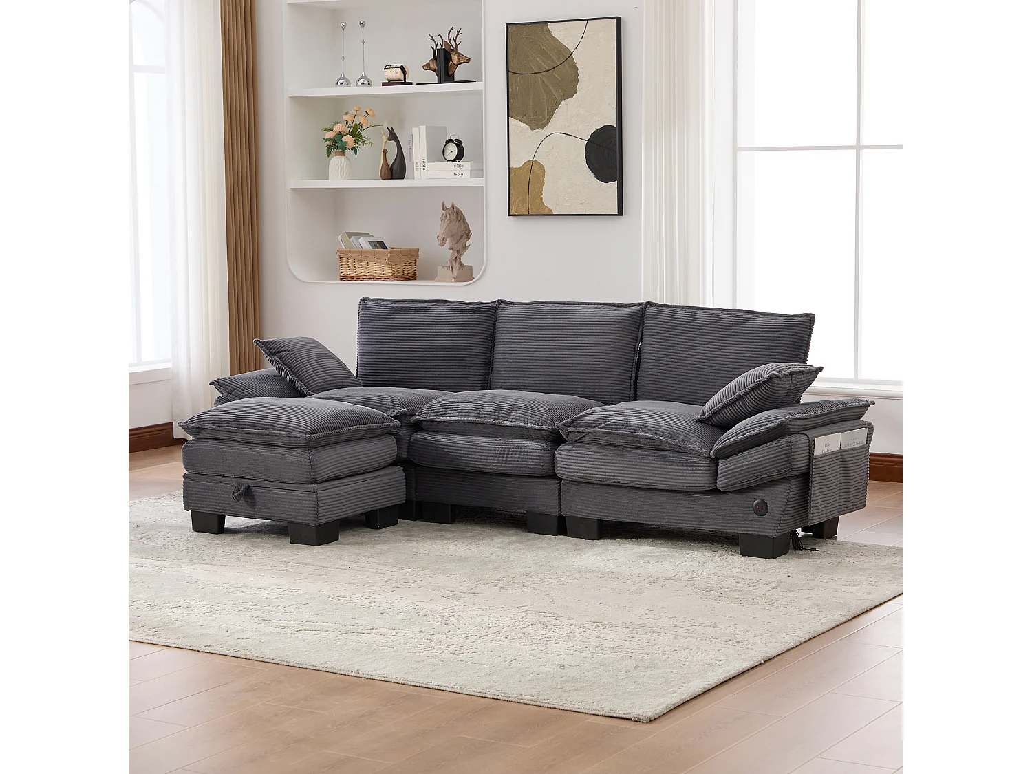 Zestaw wypoczynkowy z tkaniny sztruksowej 3-osobowy - 260 x 132 x 84 cm - z 1 pufem ze schowkiem + portem USB + kieszeniami - ciemnoszary