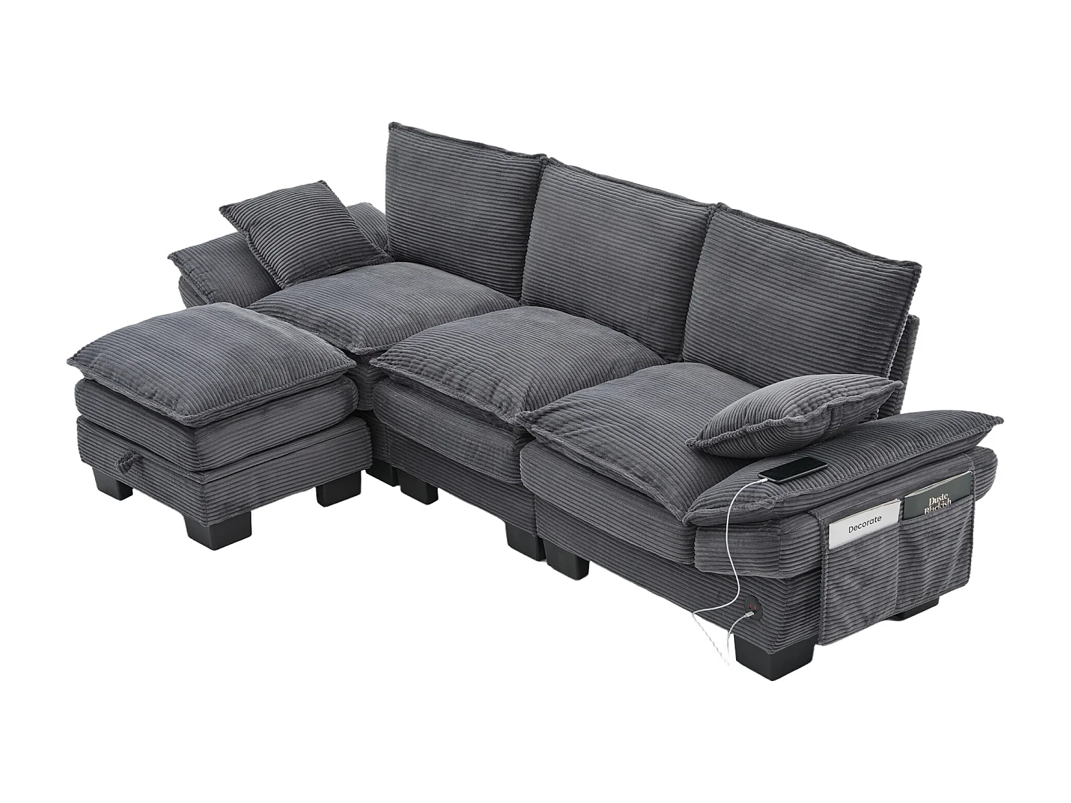 Zestaw wypoczynkowy z tkaniny sztruksowej 3-osobowy - 260 x 132 x 84 cm - z 1 pufem ze schowkiem + portem USB + kieszeniami - ciemnoszary