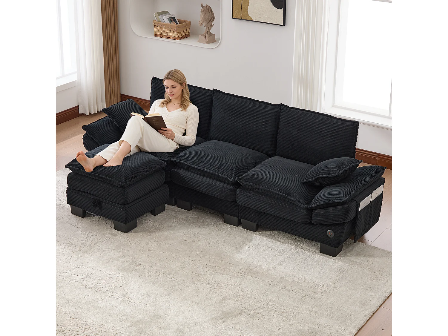 3-Sitzer-Cordsofa-Set – 260 x 132 x 84 cm – mit 1 Aufbewahrungshocker + USB-Anschluss + Taschen – schwarz