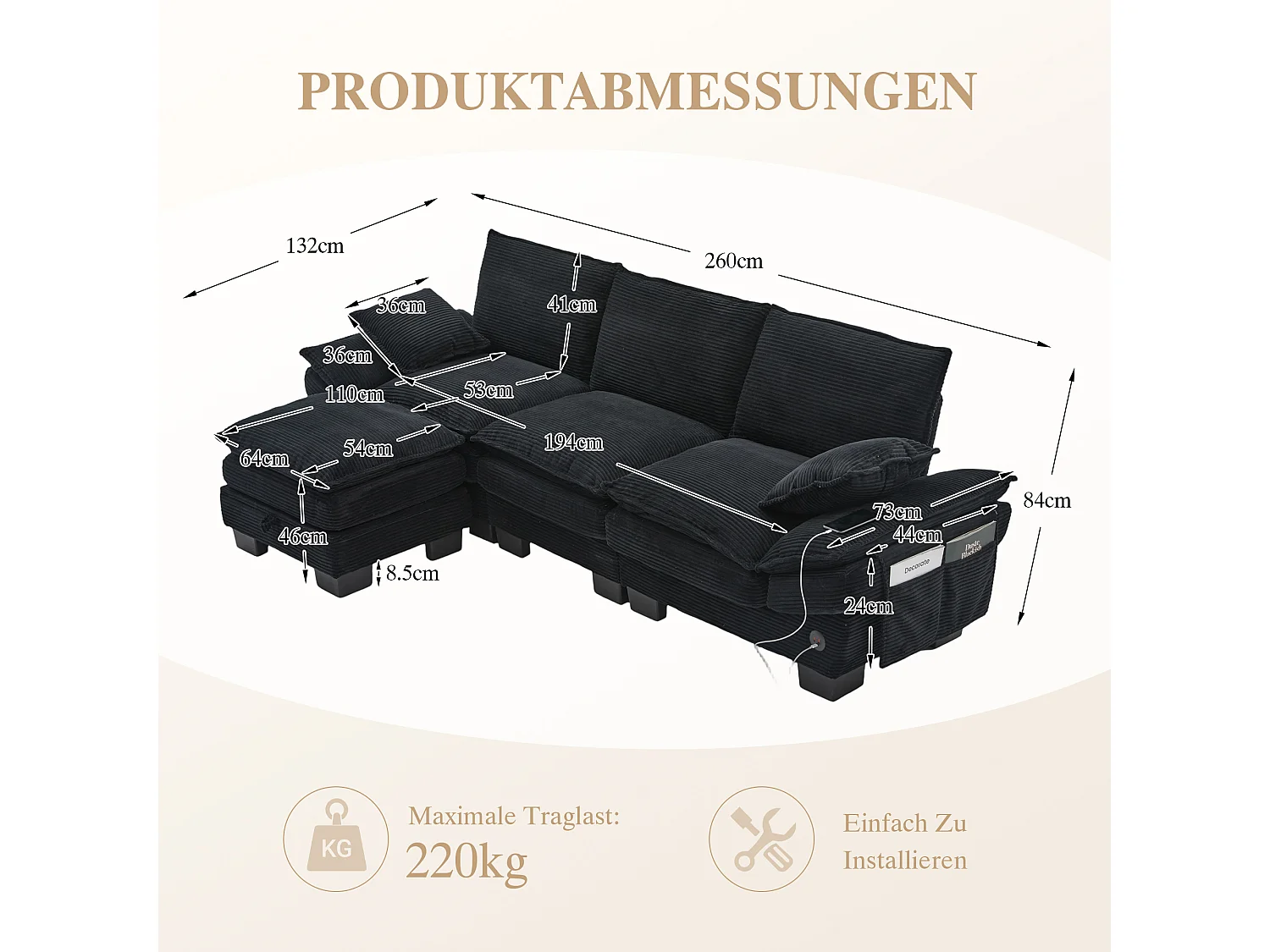3-Sitzer-Cordsofa-Set – 260 x 132 x 84 cm – mit 1 Aufbewahrungshocker + USB-Anschluss + Taschen – schwarz