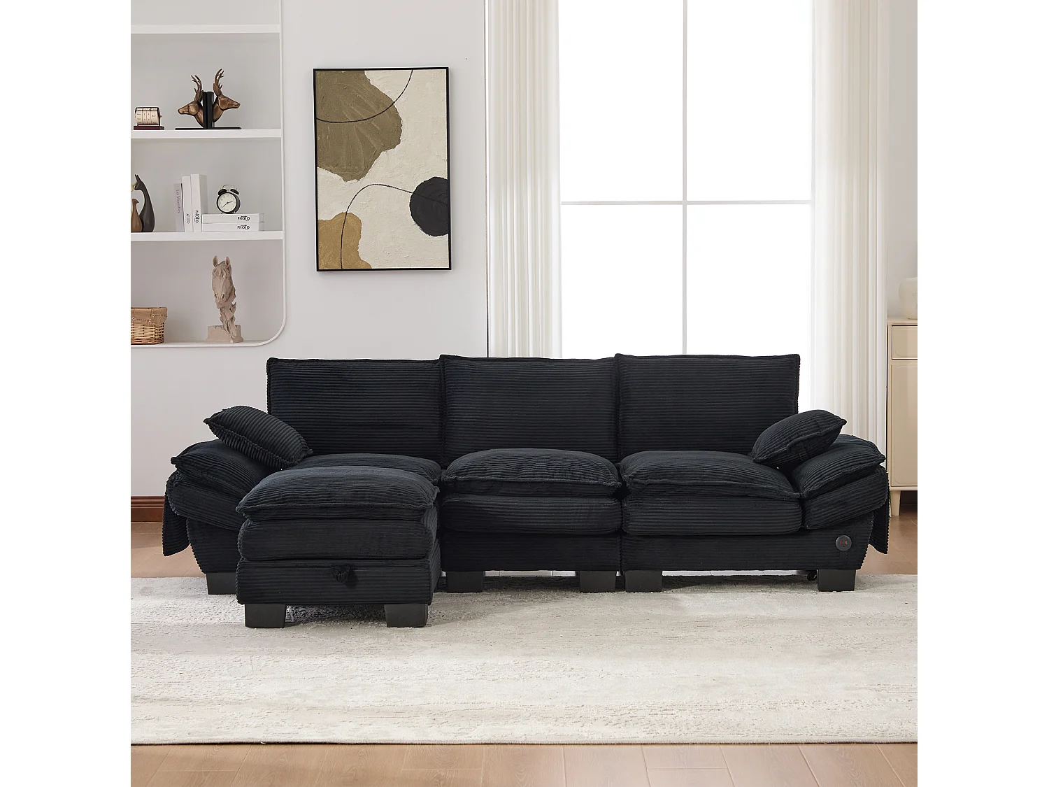 3-Sitzer-Cordsofa-Set – 260 x 132 x 84 cm – mit 1 Aufbewahrungshocker + USB-Anschluss + Taschen – schwarz