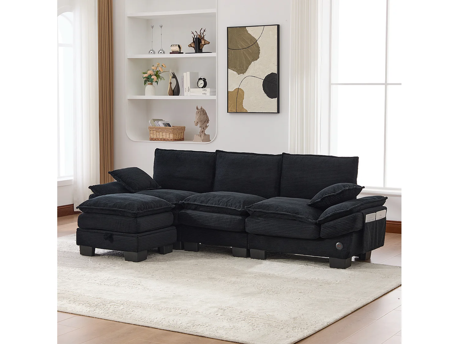 3-Sitzer-Cordsofa-Set – 260 x 132 x 84 cm – mit 1 Aufbewahrungshocker + USB-Anschluss + Taschen – schwarz