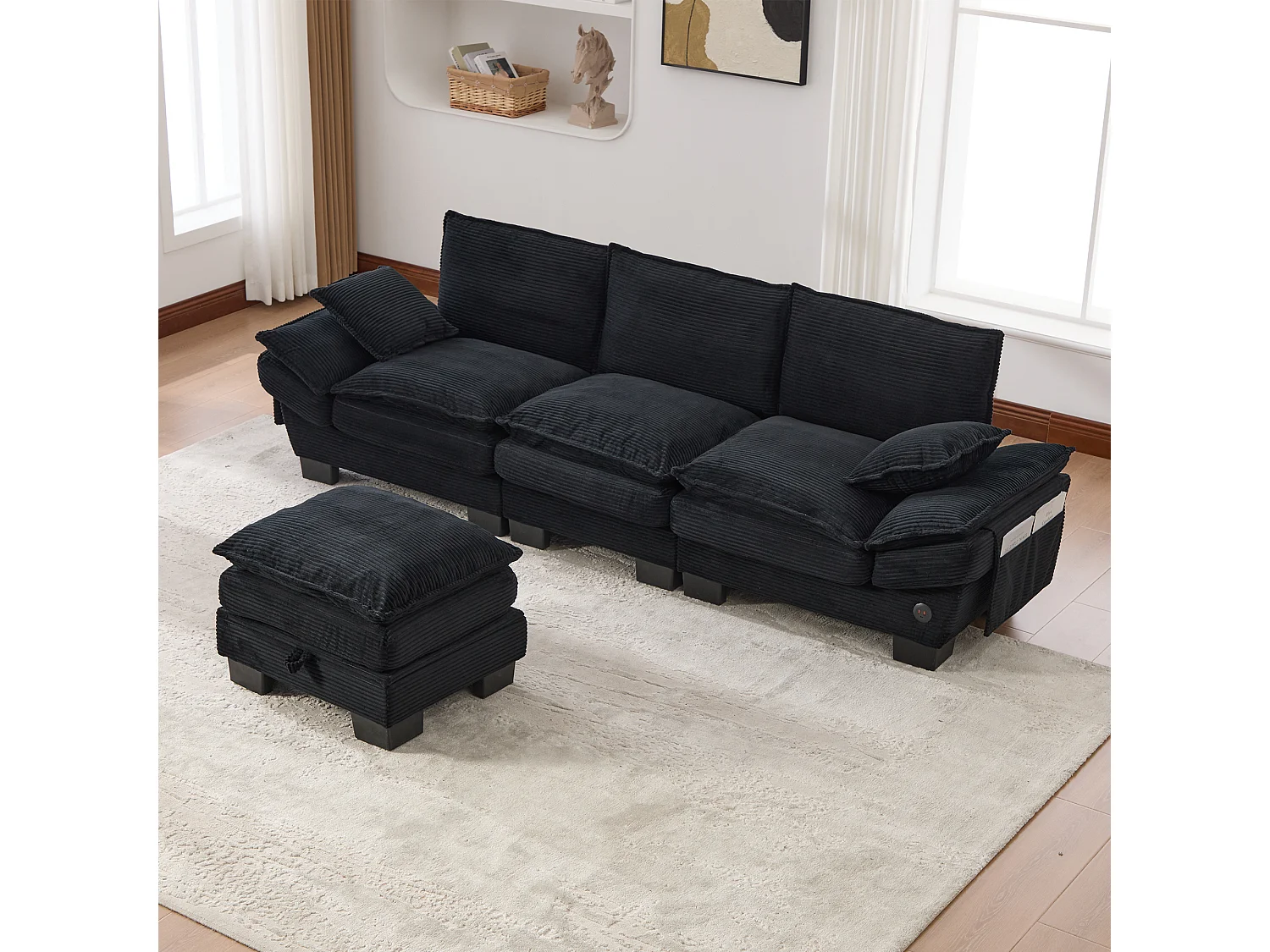 3-Sitzer-Cordsofa-Set – 260 x 132 x 84 cm – mit 1 Aufbewahrungshocker + USB-Anschluss + Taschen – schwarz