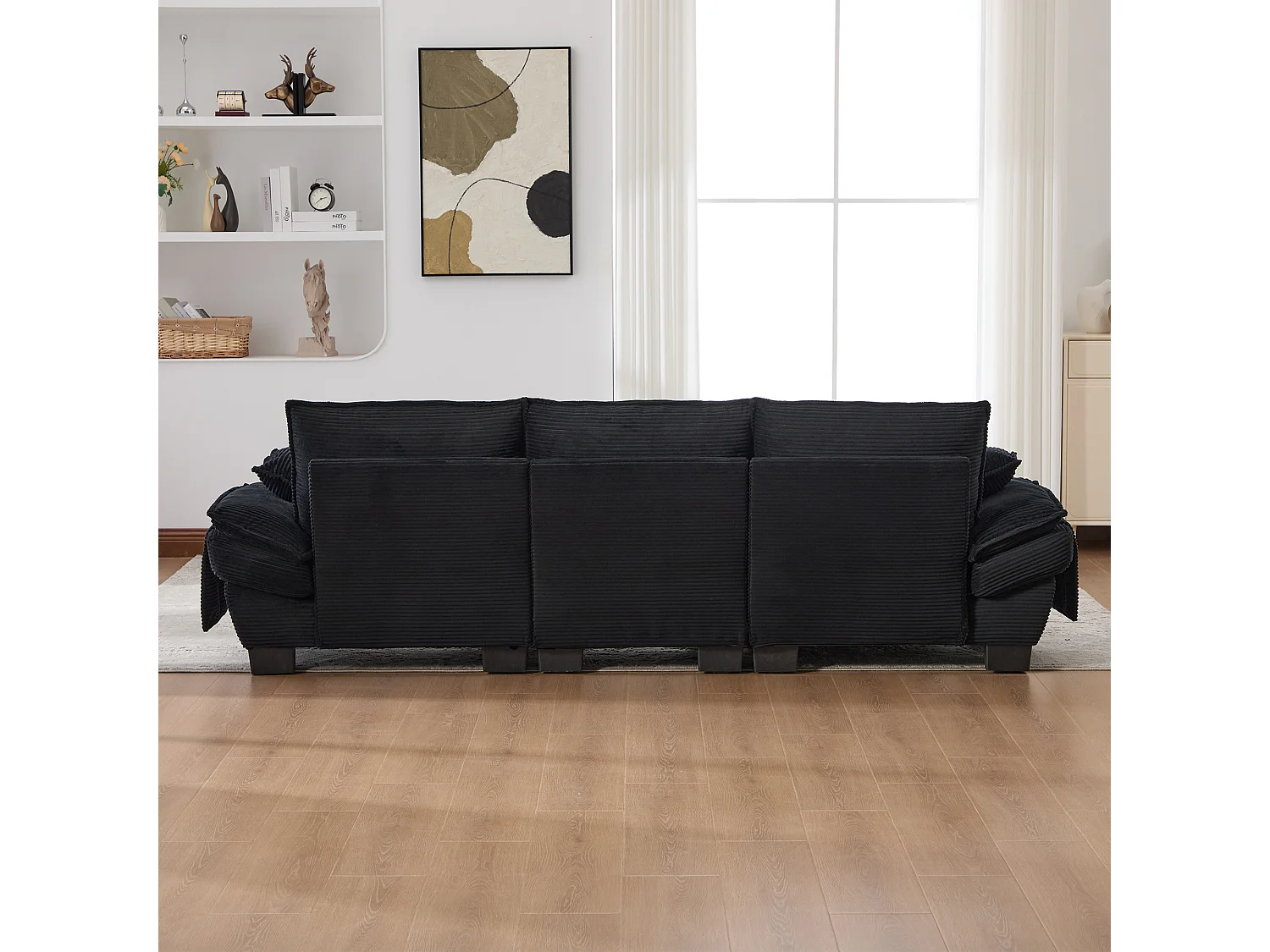 3-Sitzer-Cordsofa-Set – 260 x 132 x 84 cm – mit 1 Aufbewahrungshocker + USB-Anschluss + Taschen – schwarz