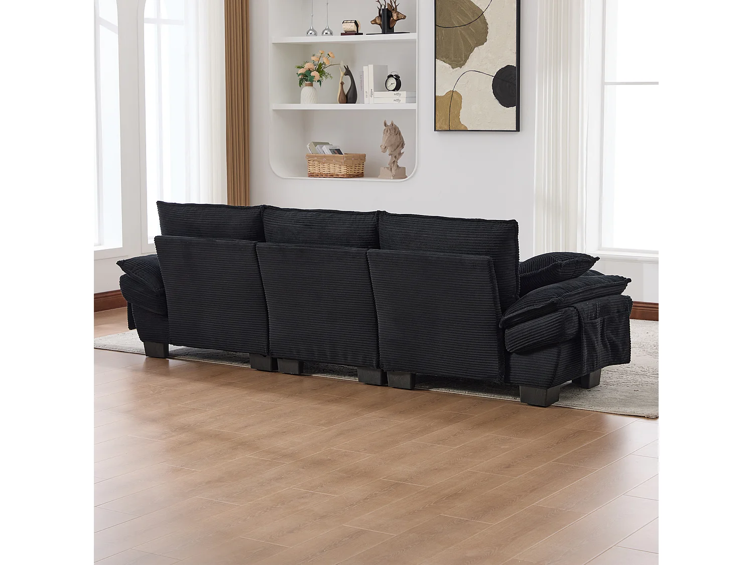 3-Sitzer-Cordsofa-Set – 260 x 132 x 84 cm – mit 1 Aufbewahrungshocker + USB-Anschluss + Taschen – schwarz