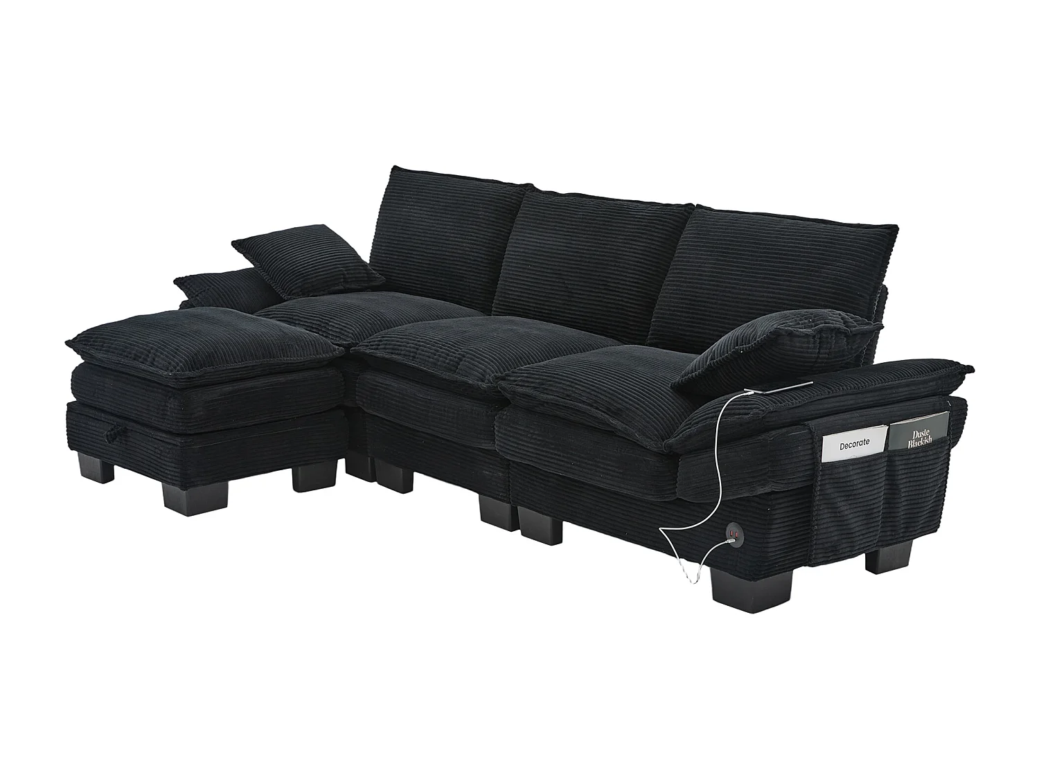3-Sitzer-Cordsofa-Set – 260 x 132 x 84 cm – mit 1 Aufbewahrungshocker + USB-Anschluss + Taschen – schwarz