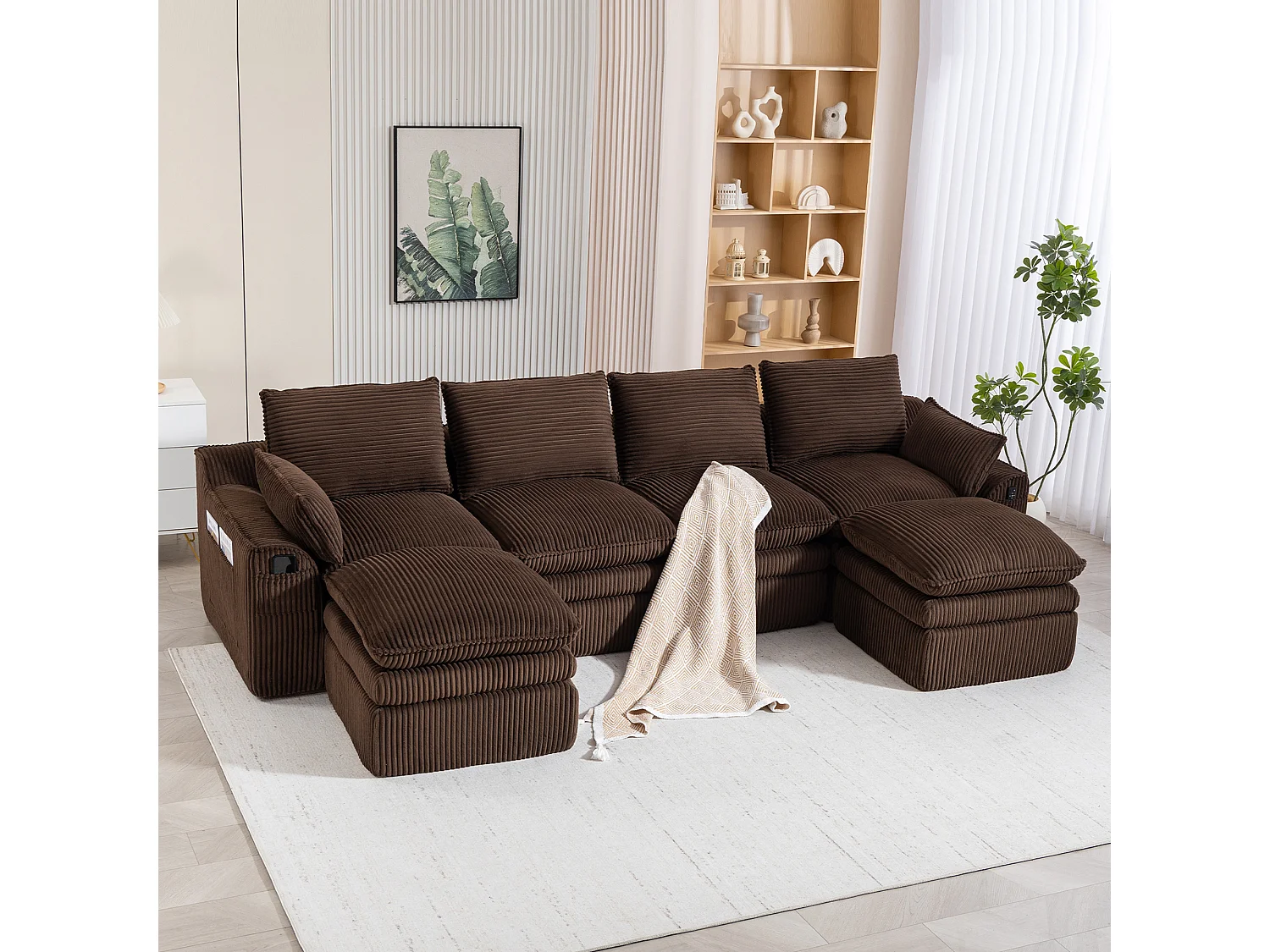 Ensemble canapé modulable 4 places en velours côtelé - 335 x 167 x 85 cm - avec 2 poufs + coussins + 2 poches - marron
