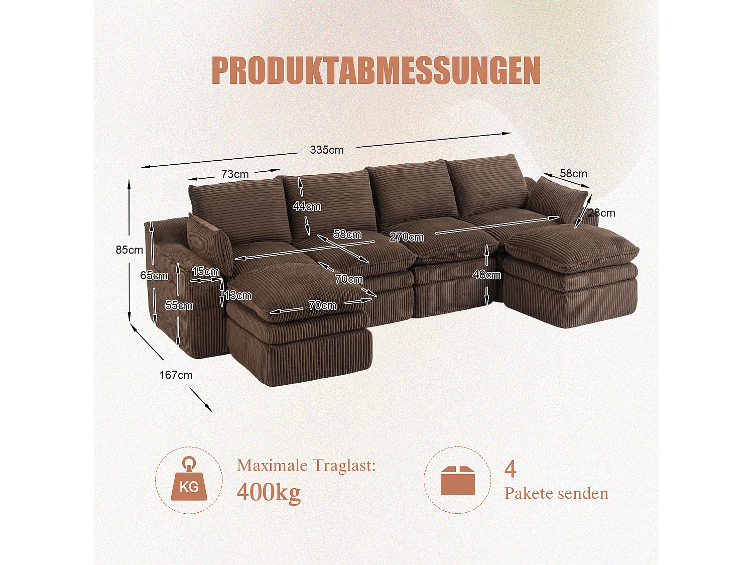 Ensemble canapé modulable 4 places en velours côtelé - 335 x 167 x 85 cm - avec 2 poufs + coussins + 2 poches - marron