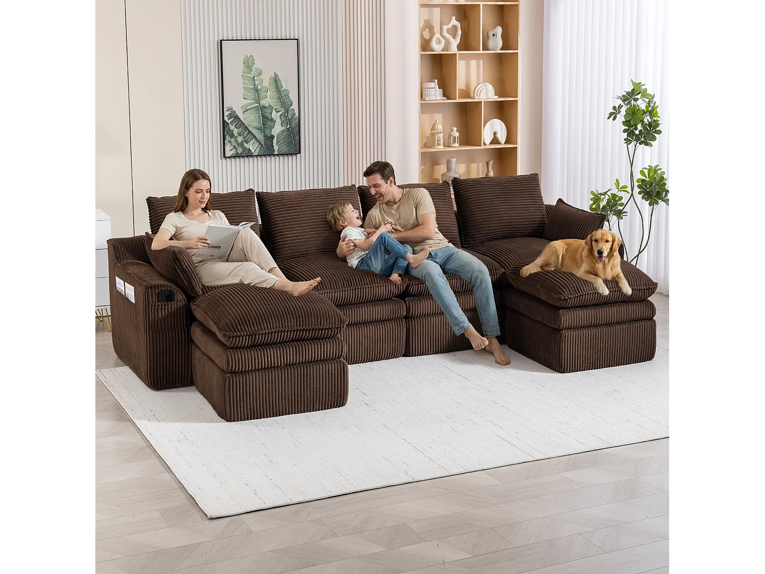 Ensemble canapé modulable 4 places en velours côtelé - 335 x 167 x 85 cm - avec 2 poufs + coussins + 2 poches - marron