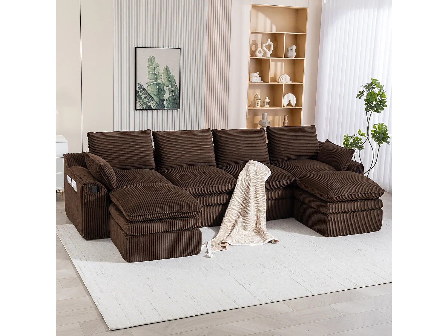 Ensemble canapé modulable 4 places en velours côtelé - 335 x 167 x 85 cm - avec 2 poufs + coussins + 2 poches - marron