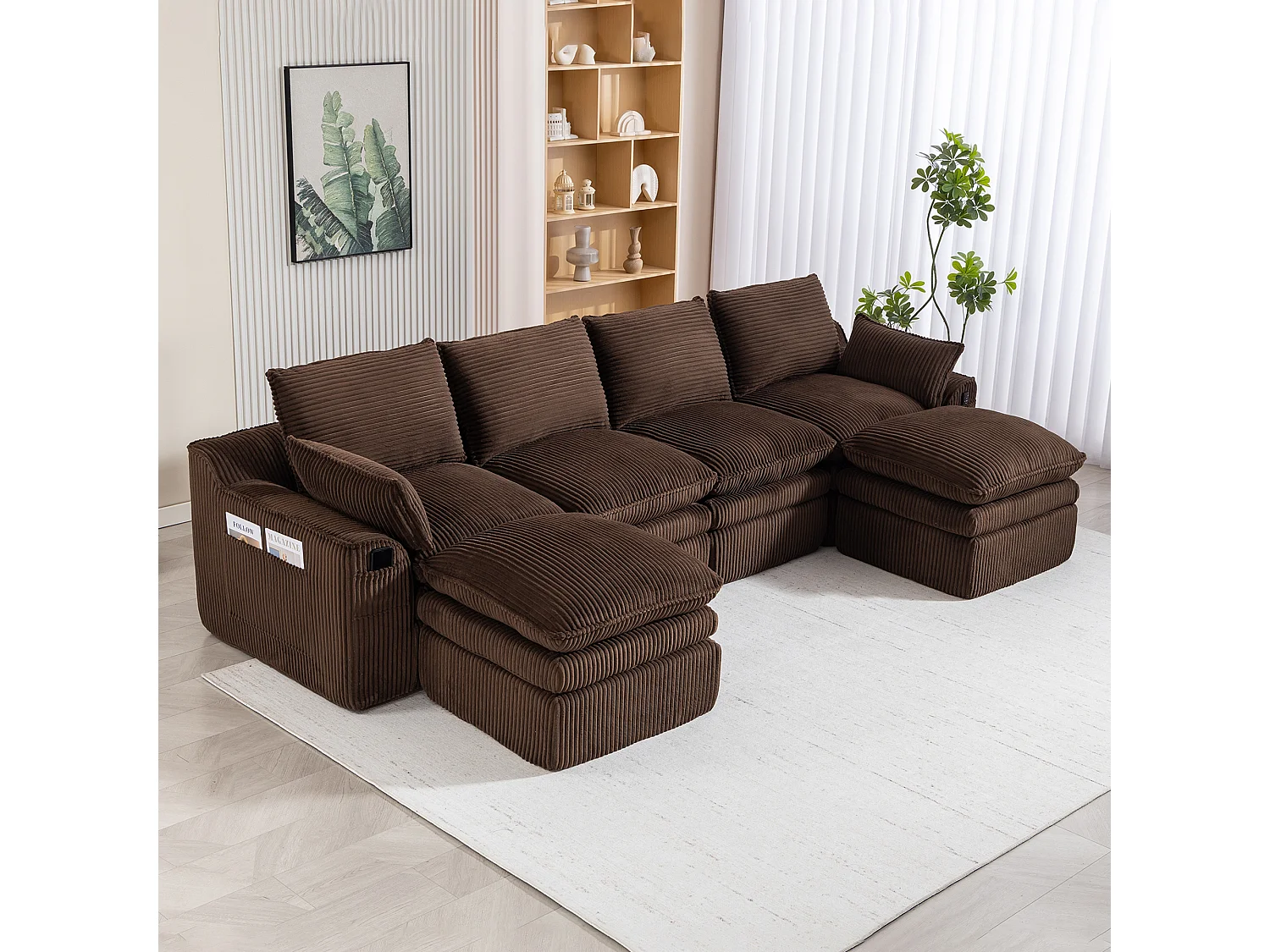 Ensemble canapé modulable 4 places en velours côtelé - 335 x 167 x 85 cm - avec 2 poufs + coussins + 2 poches - marron