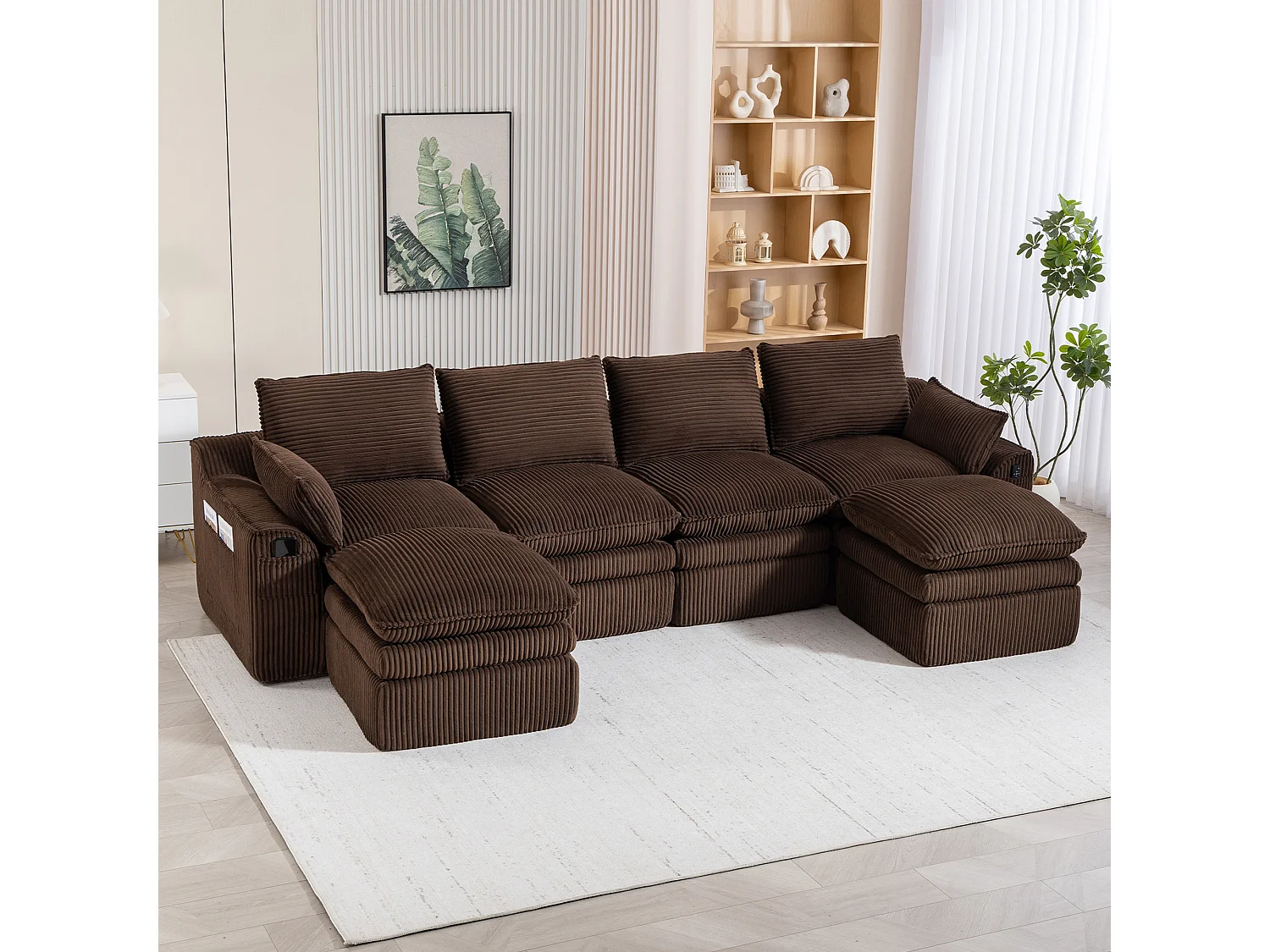 Ensemble canapé modulable 4 places en velours côtelé - 335 x 167 x 85 cm - avec 2 poufs + coussins + 2 poches - marron