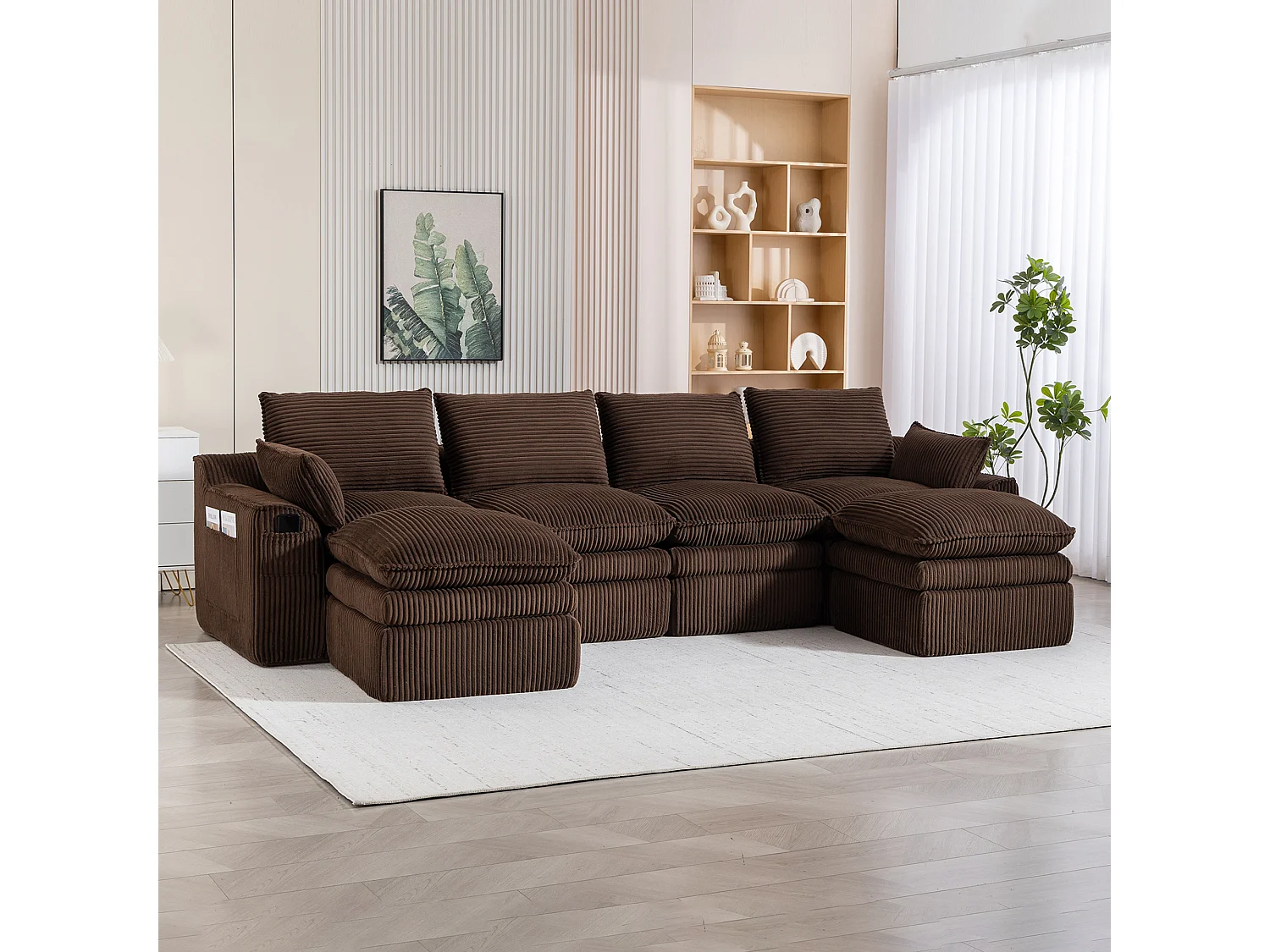 Ensemble canapé modulable 4 places en velours côtelé - 335 x 167 x 85 cm - avec 2 poufs + coussins + 2 poches - marron