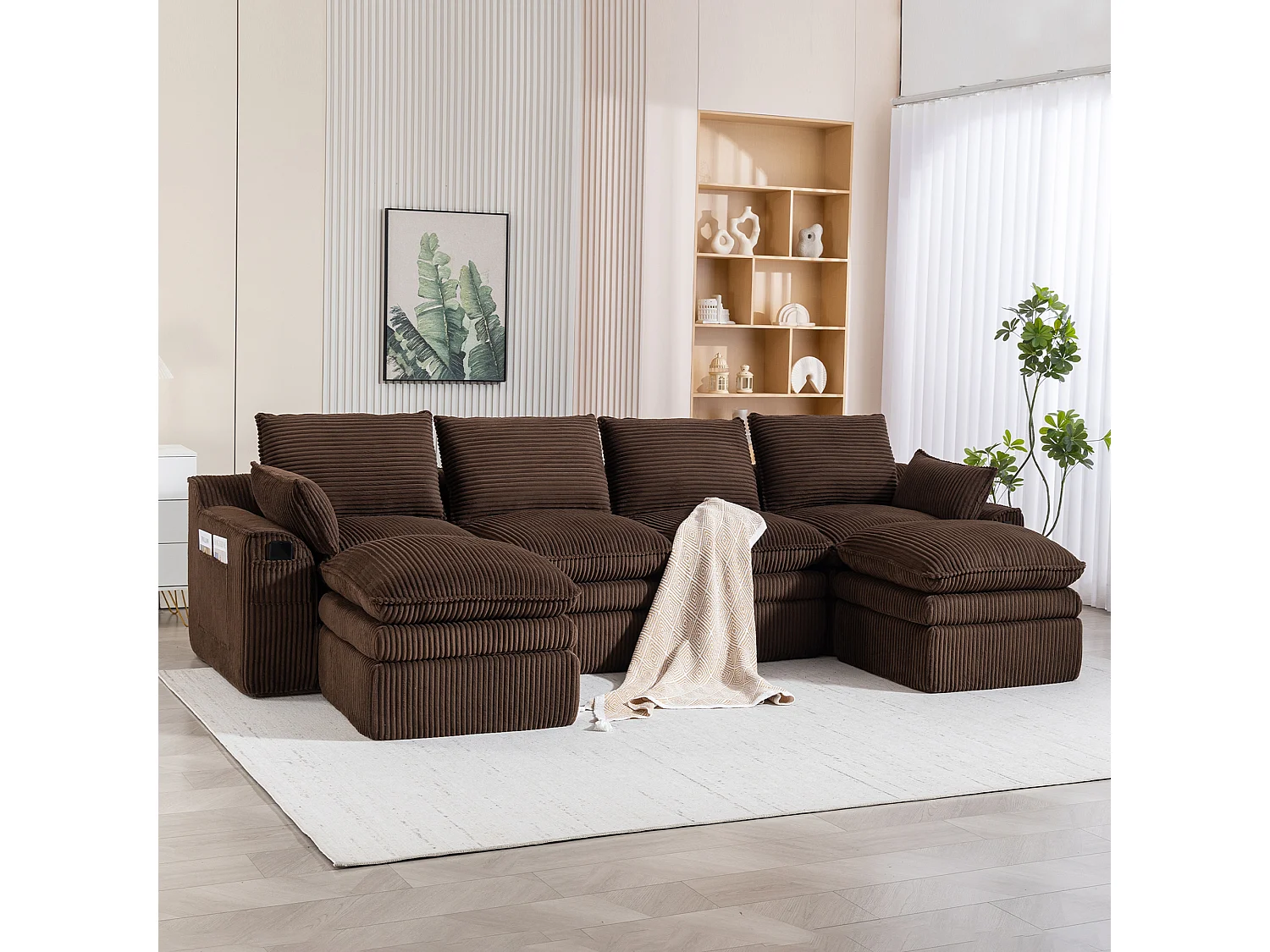 Ensemble canapé modulable 4 places en velours côtelé - 335 x 167 x 85 cm - avec 2 poufs + coussins + 2 poches - marron