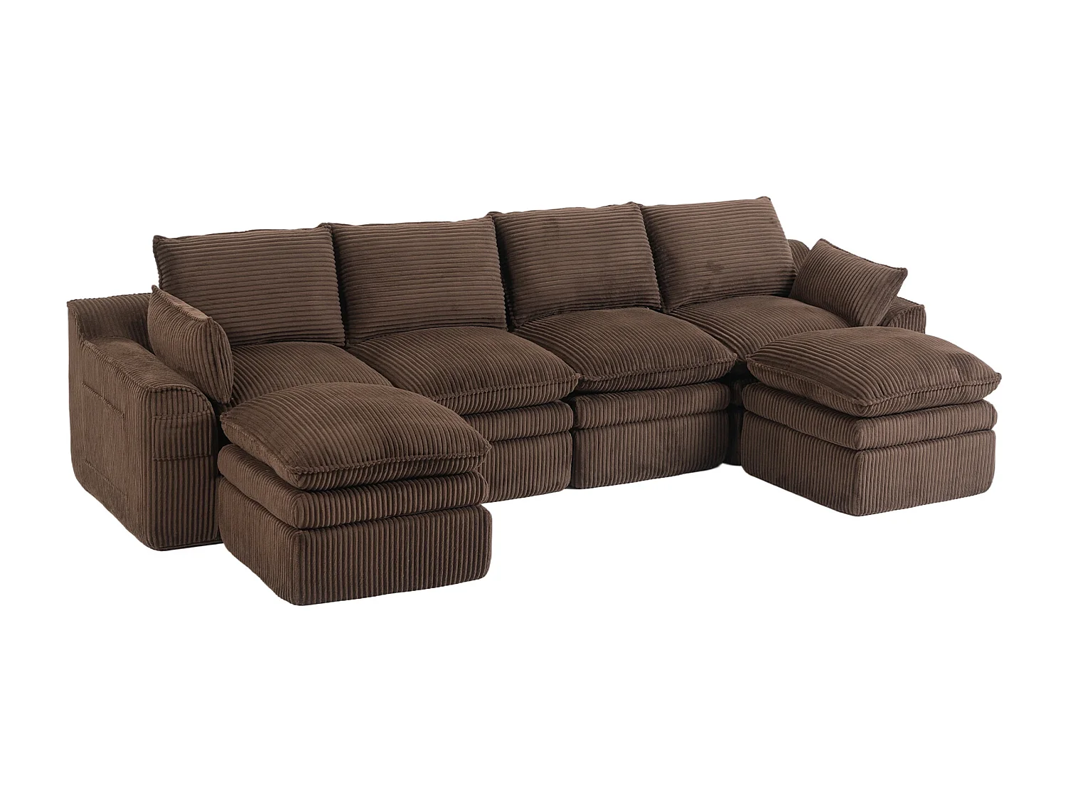 Ensemble canapé modulable 4 places en velours côtelé - 335 x 167 x 85 cm - avec 2 poufs + coussins + 2 poches - marron