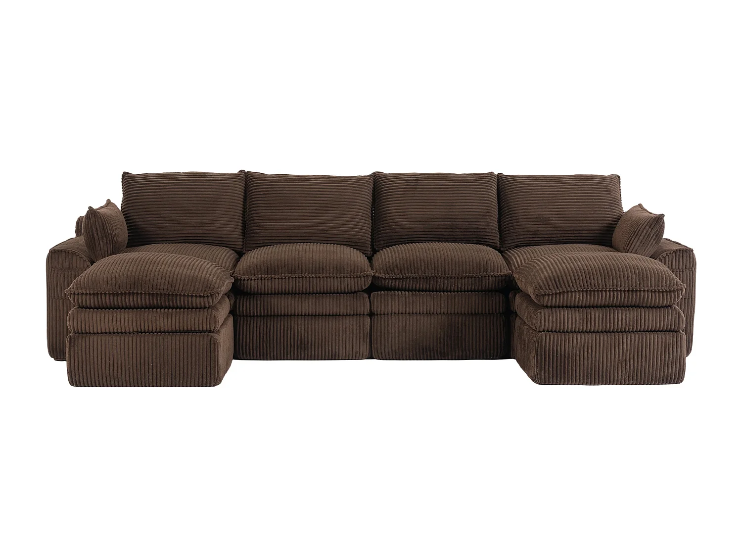 Ensemble canapé modulable 4 places en velours côtelé - 335 x 167 x 85 cm - avec 2 poufs + coussins + 2 poches - marron