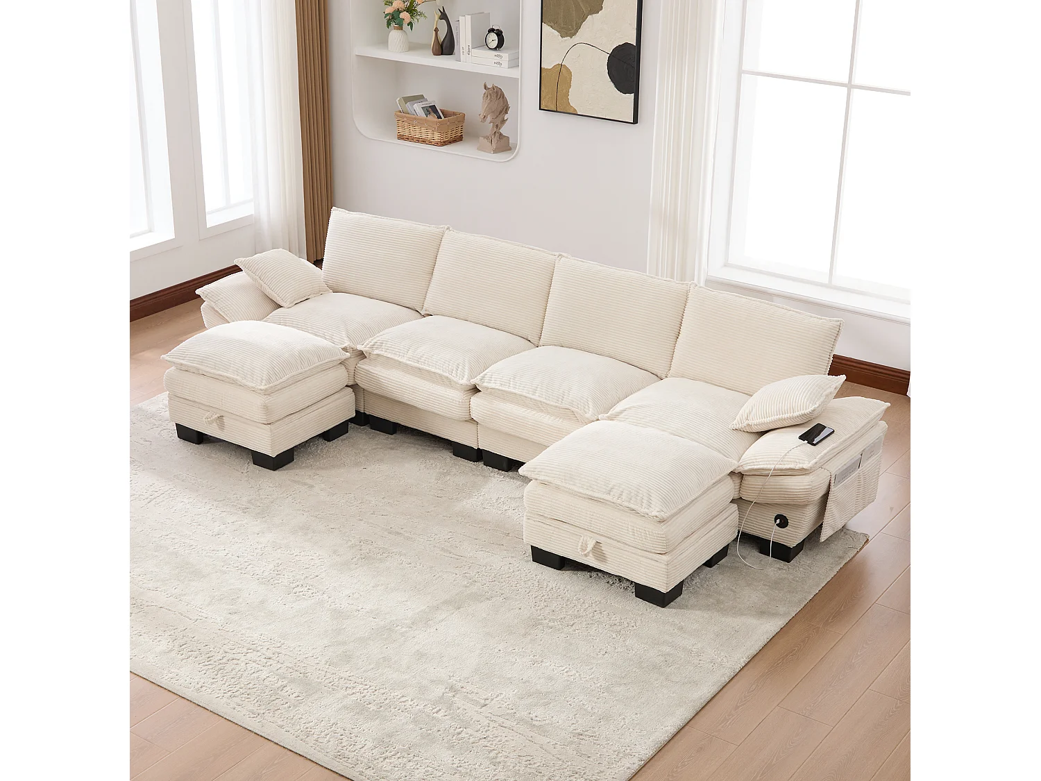 4-Sitzer-Cordsofa-Set – 330 x 132 x 84 cm – mit 2 Aufbewahrungshockern, USB-Anschluss und Taschen – beige
